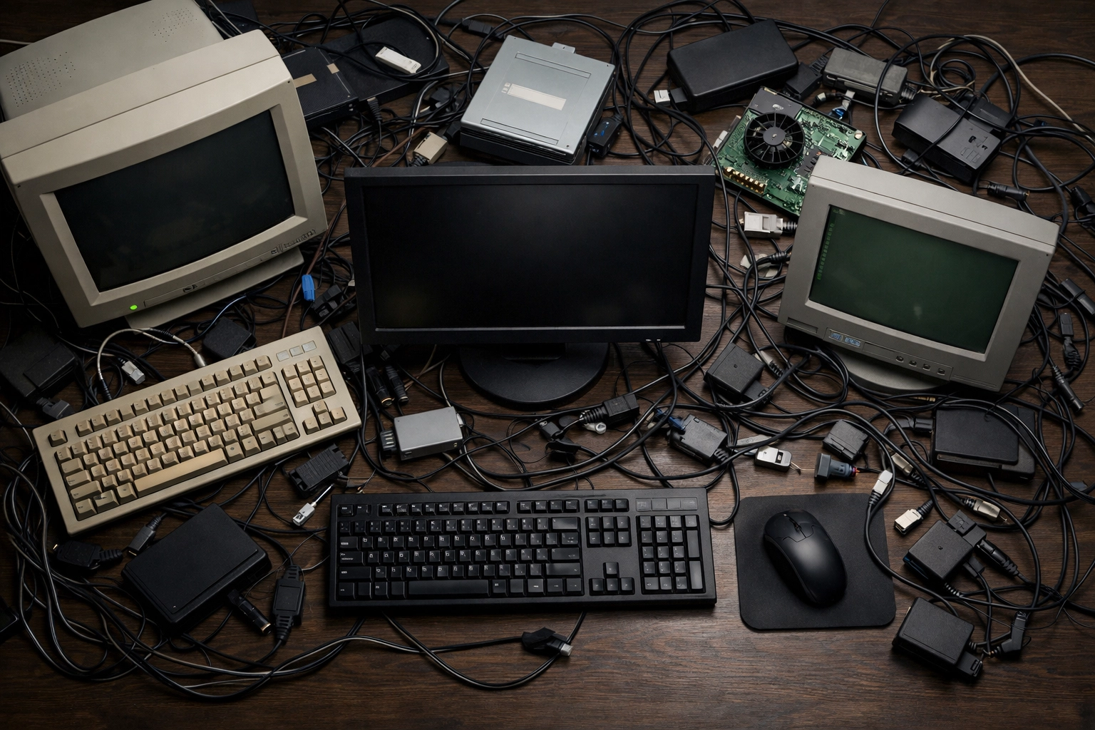 A cluttered hotel back-office desk with tangled cables and mismatched monitors representing a fragmented tech stack.