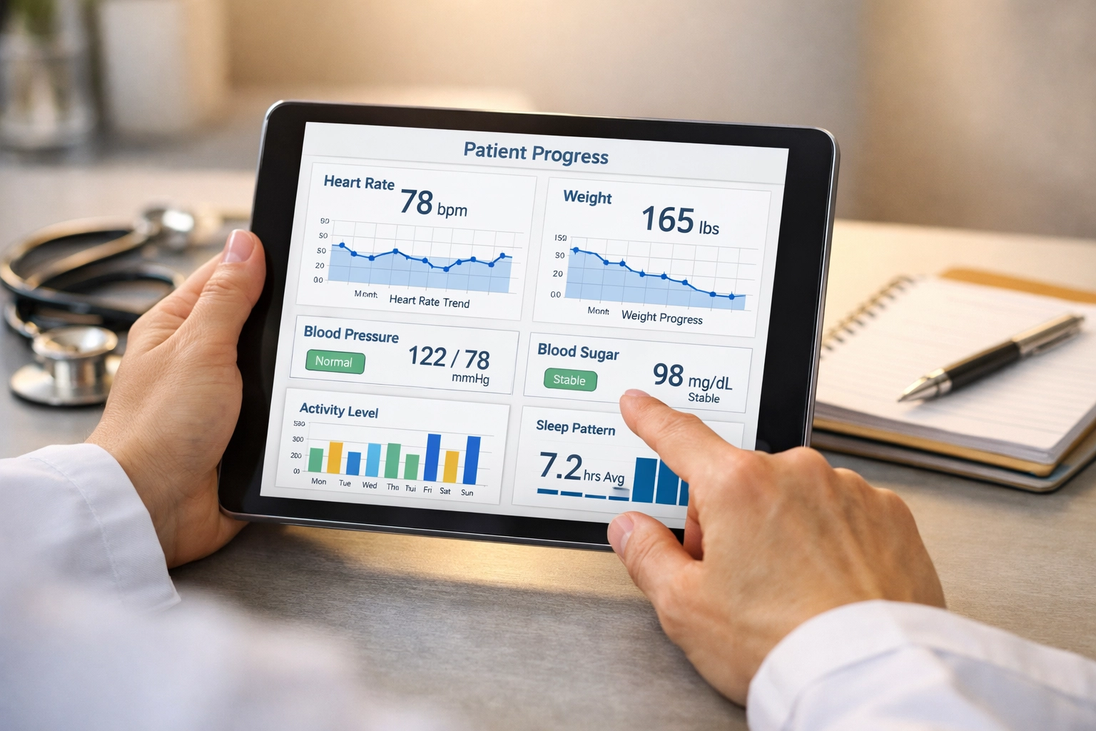 Healthcare provider reviewing patient weight loss progress charts on tablet during consultation