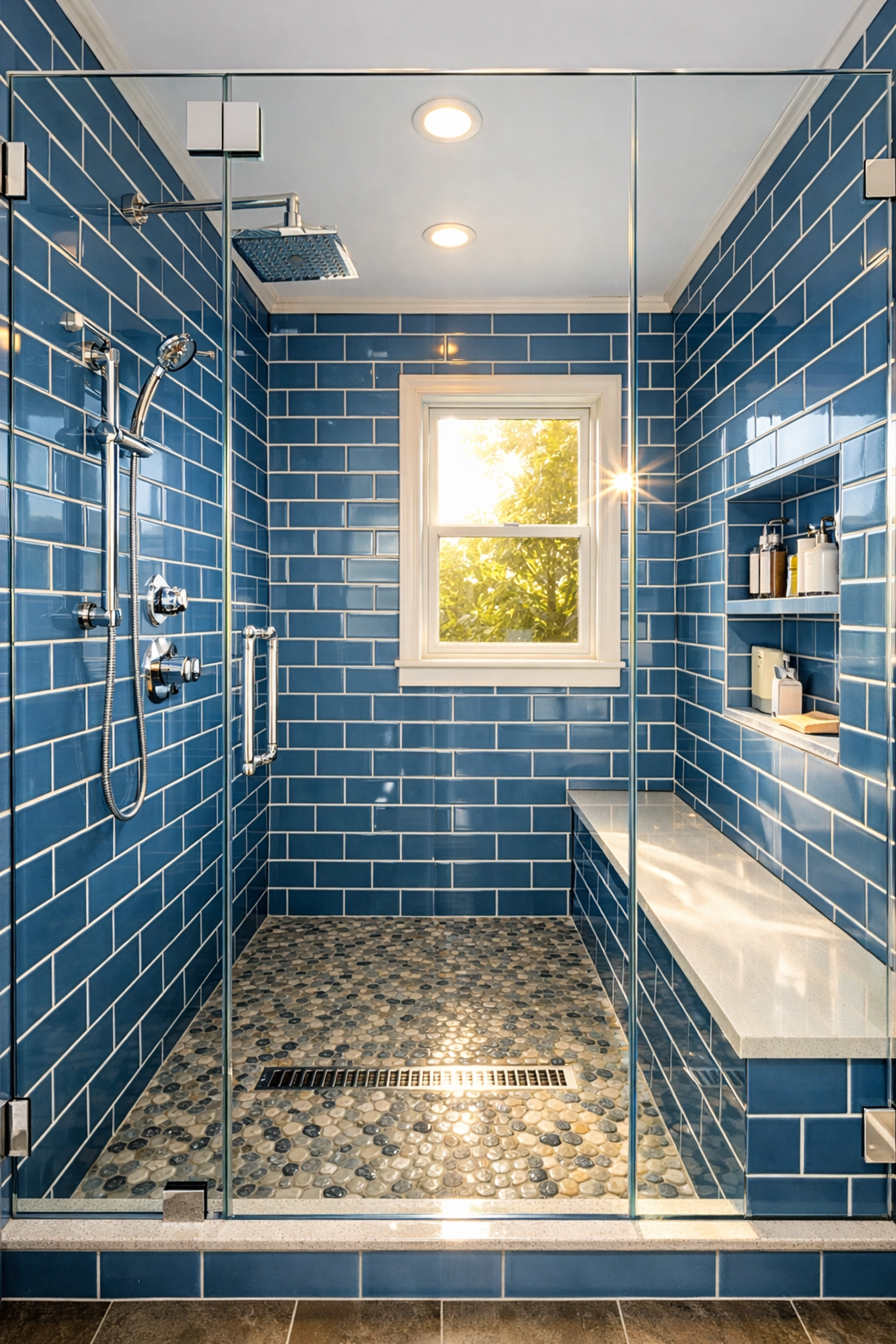 Sparkling clean glass shower doors free of hard water spots and mineral buildup.