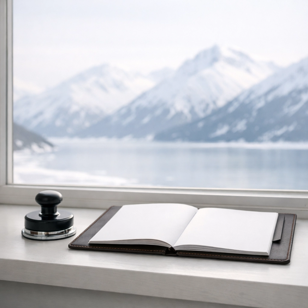 Mobile notary supplies with Alaska mountain view showing remote notary services accessibility