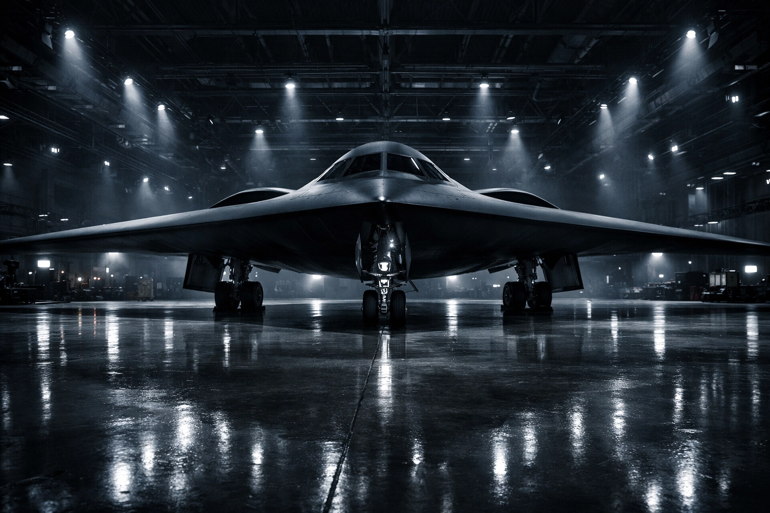 A B-21 Raider stealth bomber parked in a modern military hangar, highlighting the high cost of stealth tech.