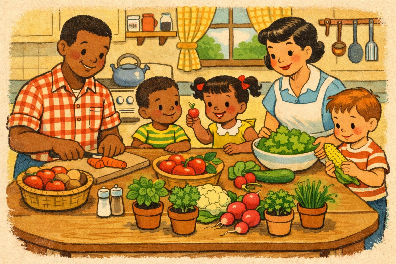 Family gathering around kitchen table with fresh vegetables and potted herbs for meal preparation