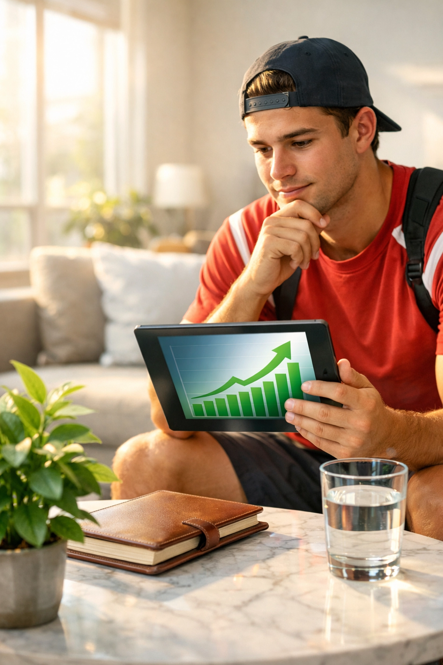 Student-athlete tracking financial growth on a tablet to emphasize NIL financial literacy.