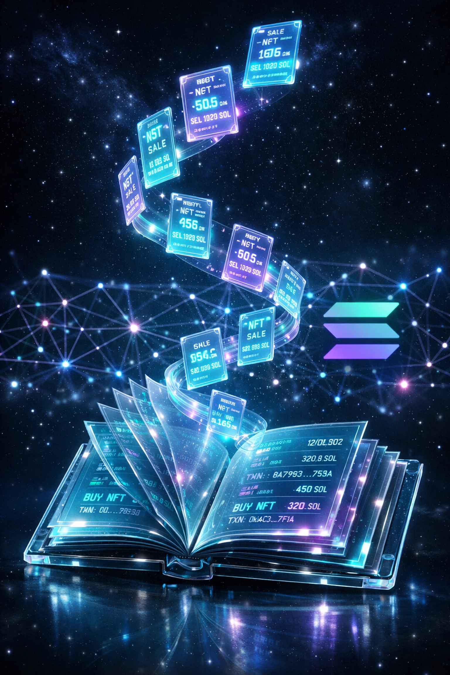 NFT receipt blockchain ledger with Solana network nodes for permanent transaction records