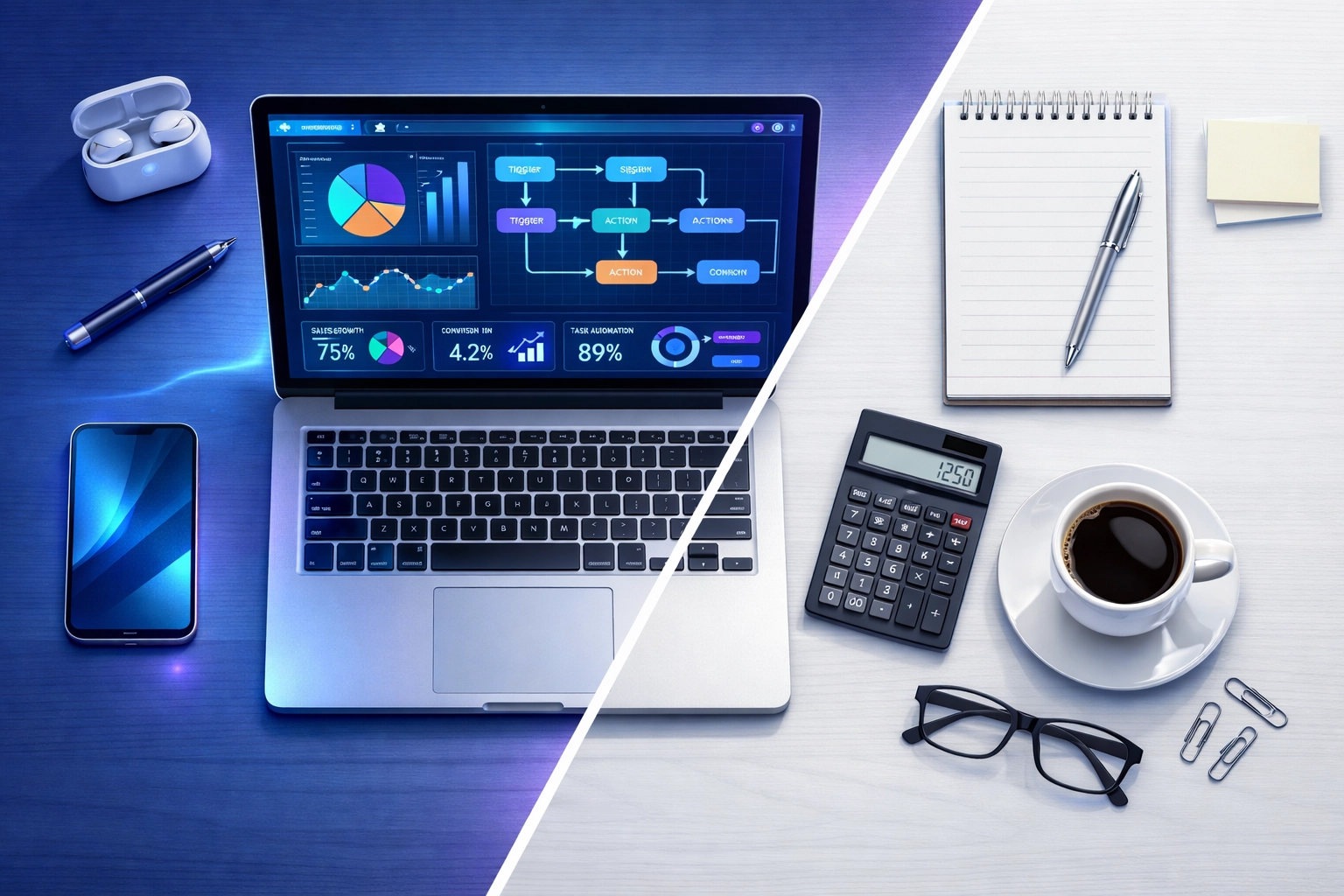 Marketing automation dashboard on laptop versus traditional manual office tools side by side