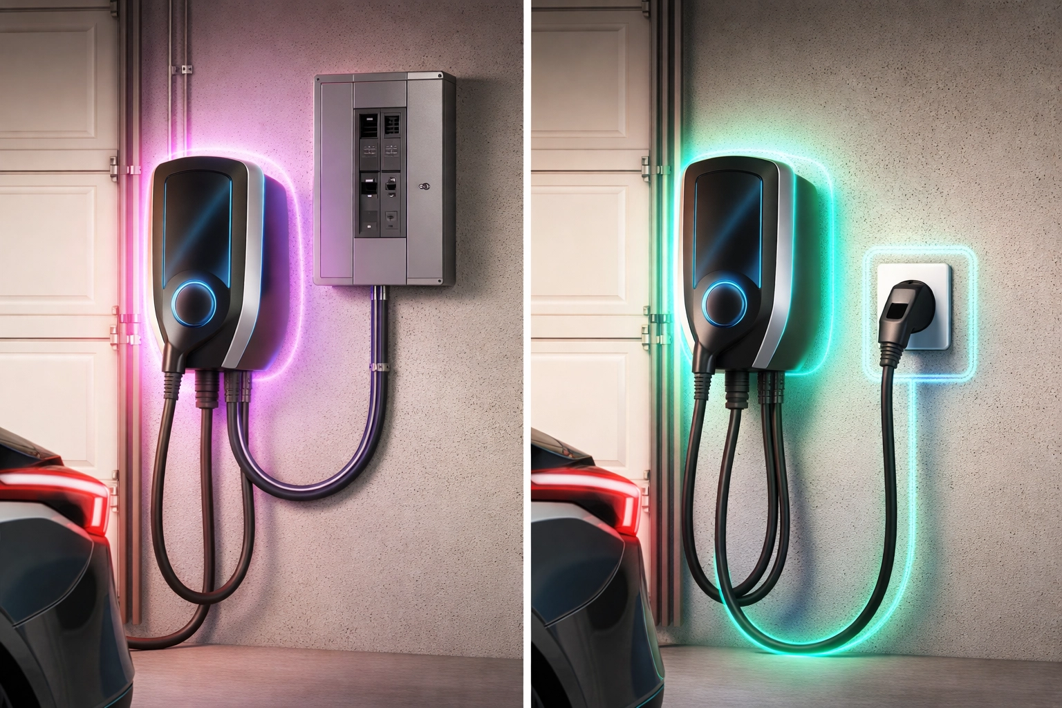 Illustration of hardwired versus plug-in EV charger installation using NEMA 14-50 outlet in a US garage.
