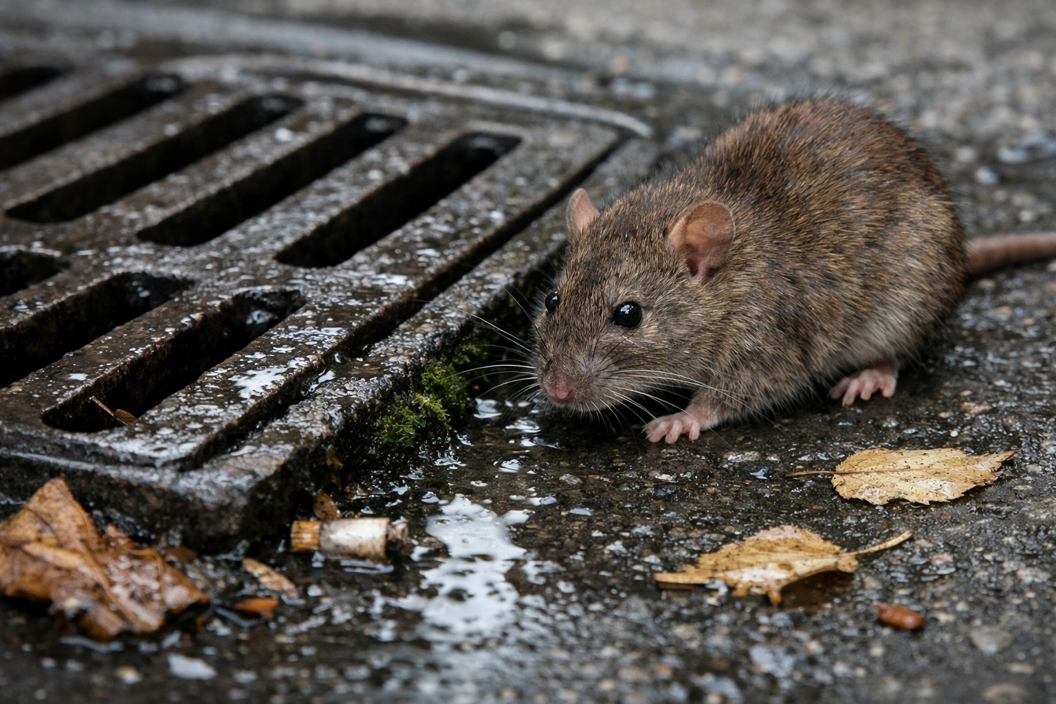 Rat near storm drain showing leptospirosis transmission risk in Bay Area