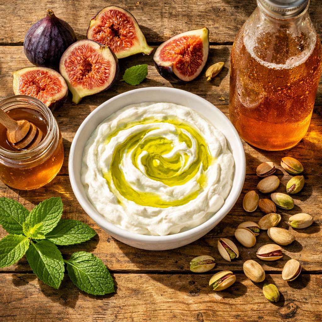 Greek yogurt drizzled with extra virgin olive oil alongside kombucha for gut health after 40