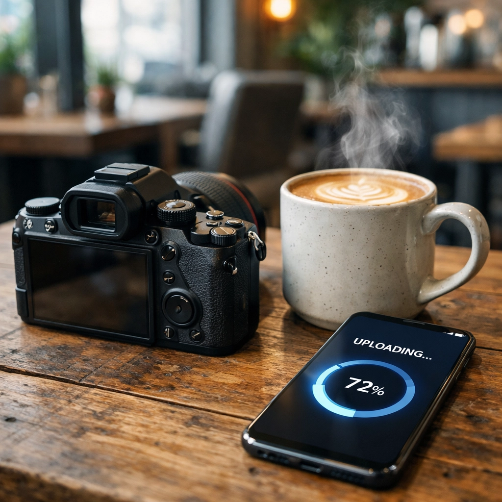 Content creator workflow with AI-integrated mirrorless cameras and mobile sync at a café table.