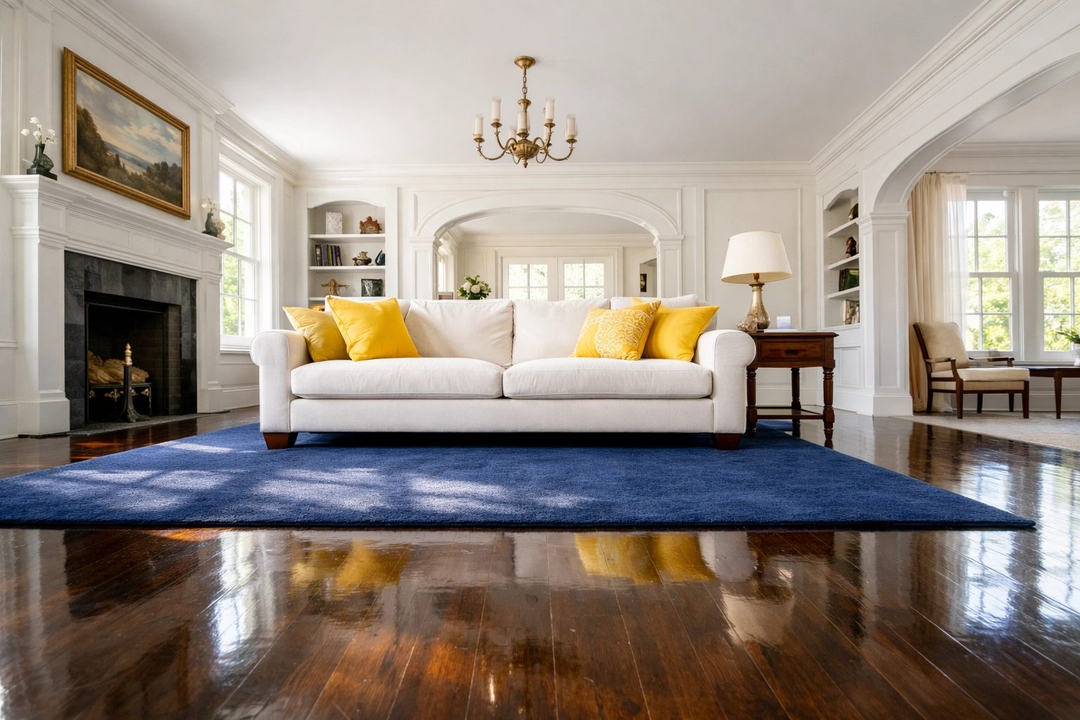 A pristine, dust-free living room in a Harvard, MA home, maintained by professional weekly house cleaning services.