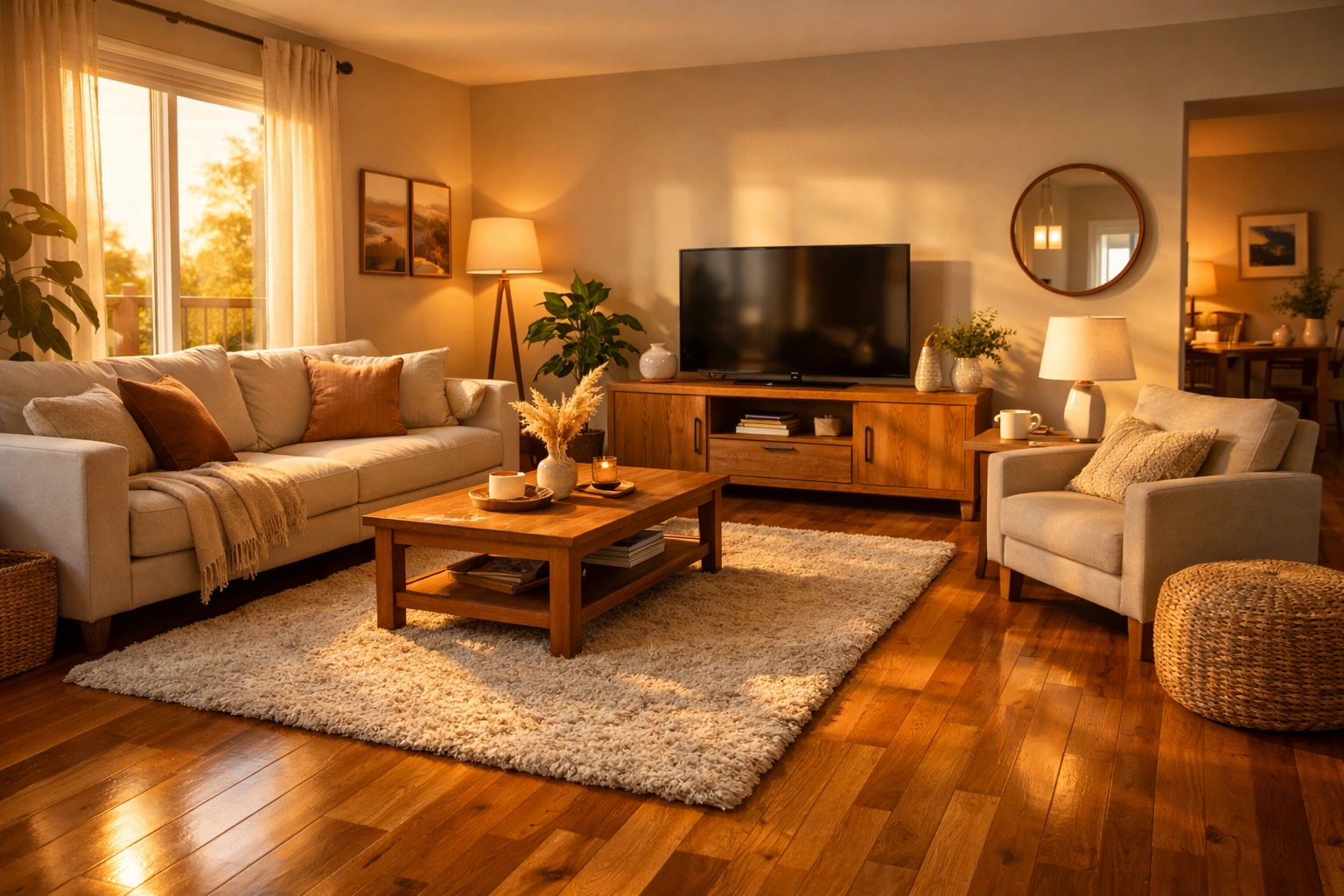 Warm living room with honey hardwood floors, creating a quality rental home in Saskatoon.