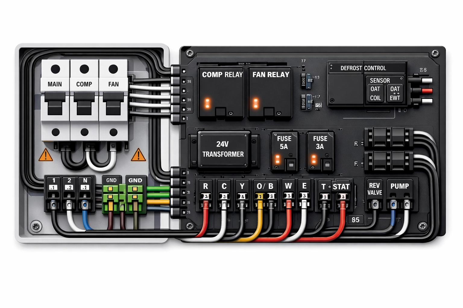 Wärmepumpe Steuerplatine und Elektrik-Panel mit Sicherungen und Anschlüssen