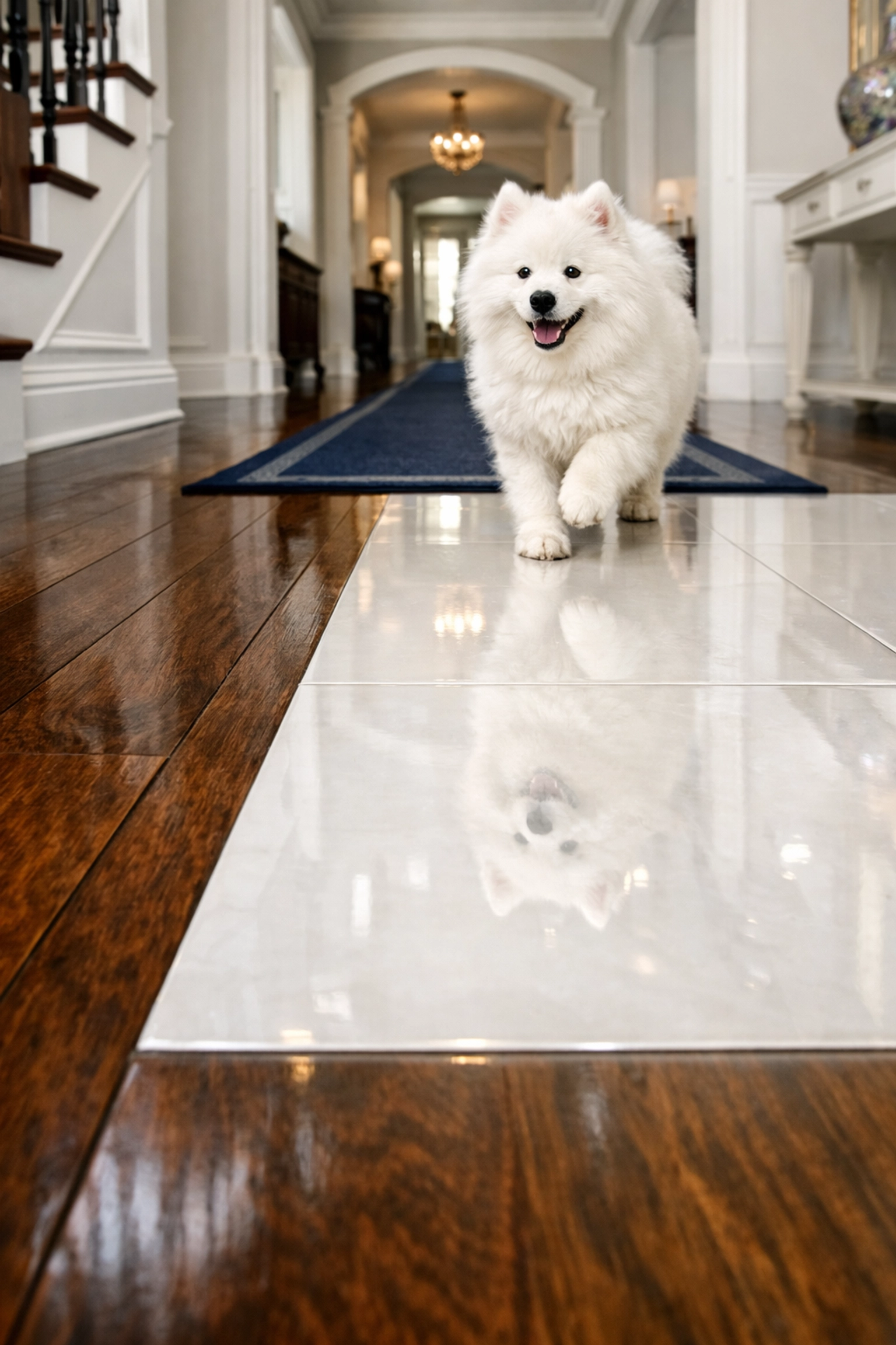 Pristine hardwood and tile floors in a pet-friendly Weston home featuring a white Samoyed dog.