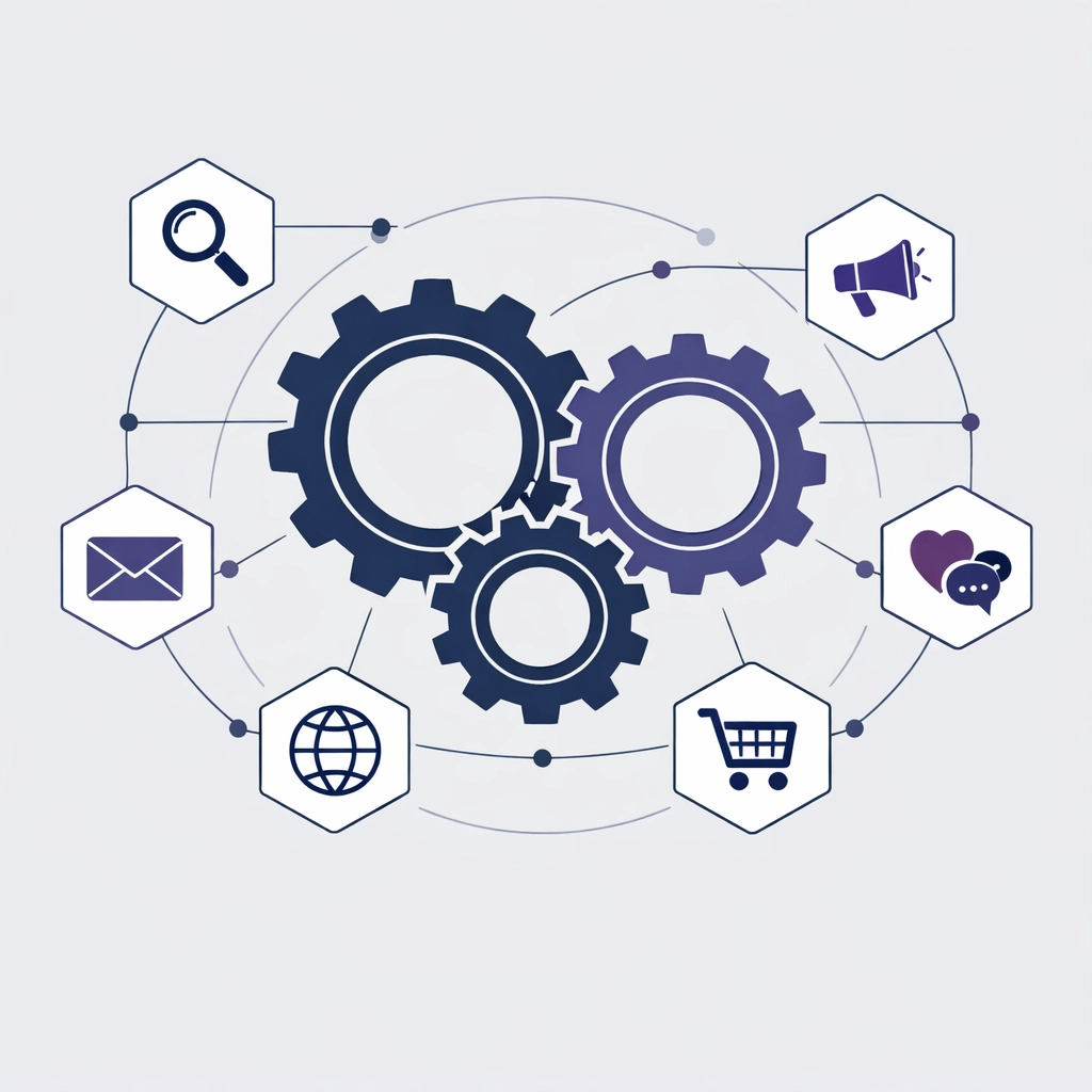 Interlocking icons of a megaphone and cart representing a connected digital marketing ecosystem.