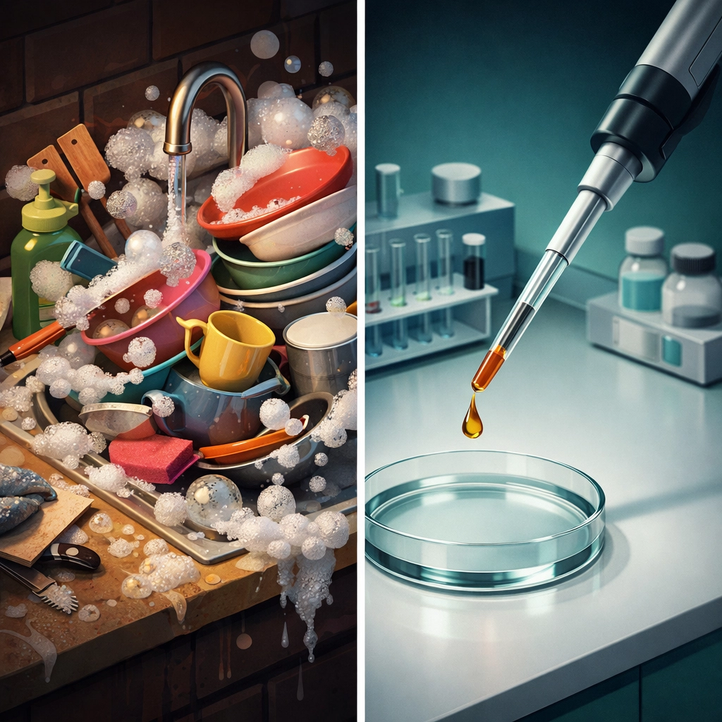 Comparison of a messy kitchen sink and a precise lab pipette illustrating targeted IVF protocol adjustments.