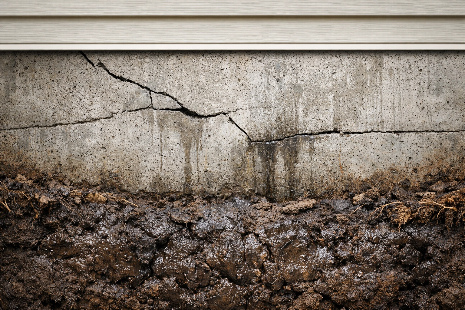 Foundation wall showing cracks and moisture damage from poor gutter drainage