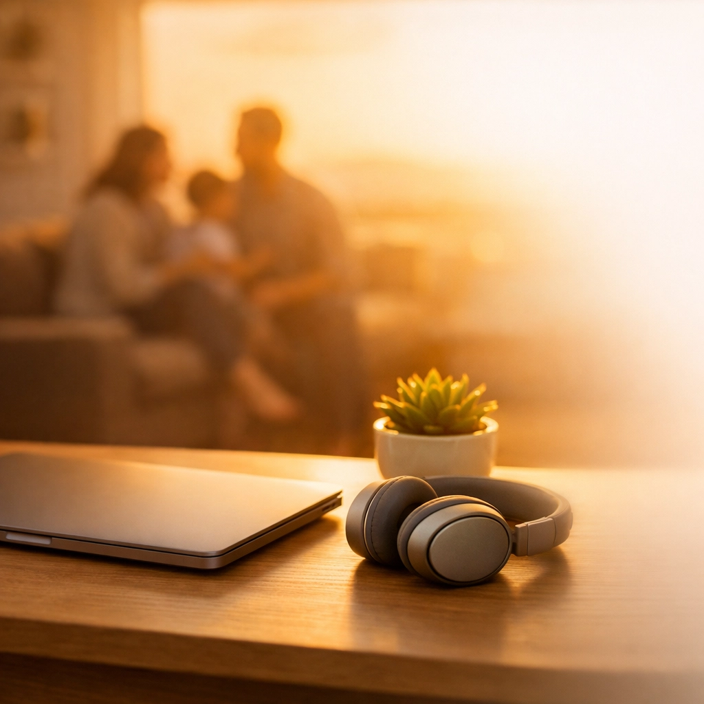 Sober founder practicing work-life balance by closing the laptop to prioritize family and recovery time.