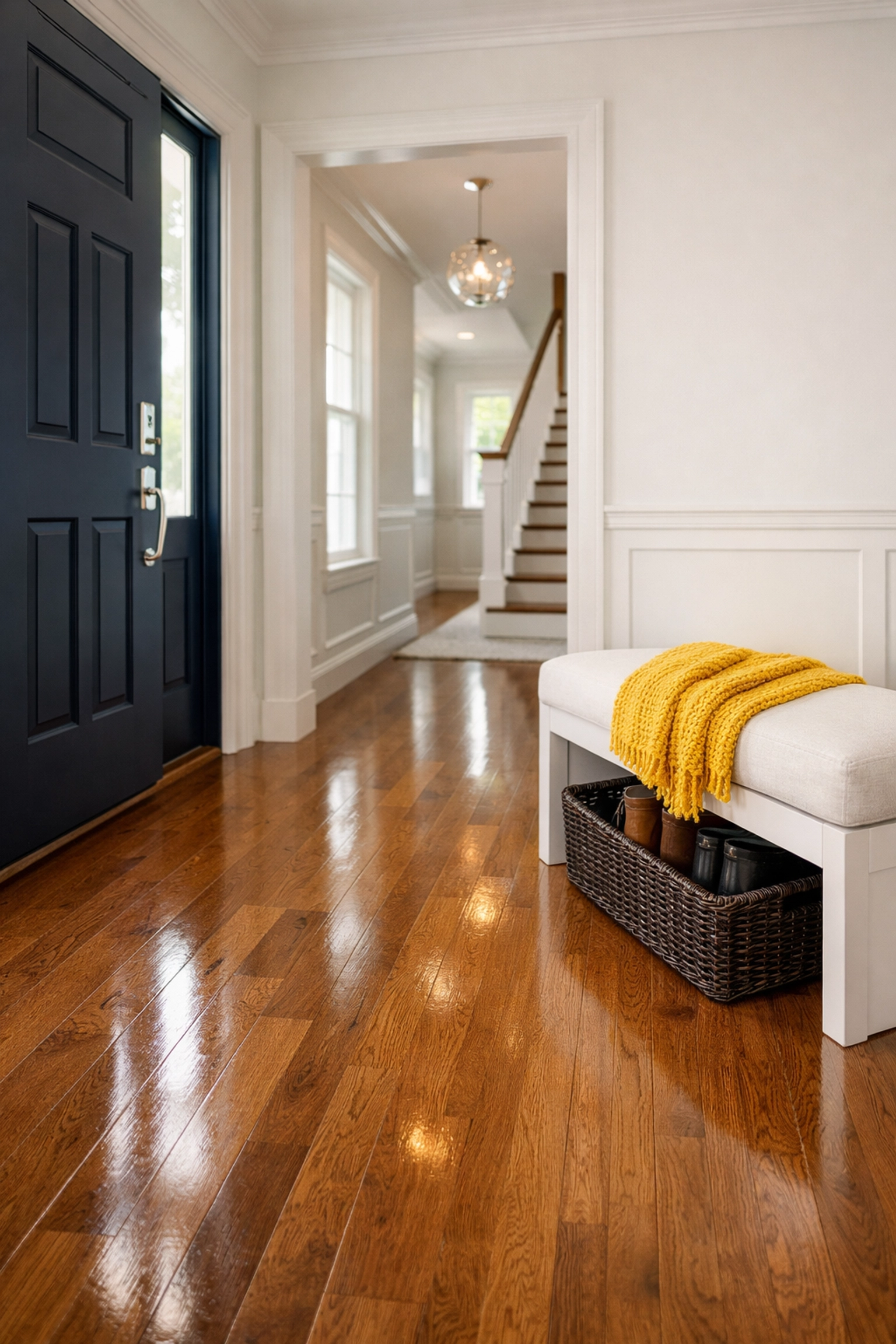 Clean entryway with polished floors and a shoe basket for superior house cleaning in Shrewsbury.