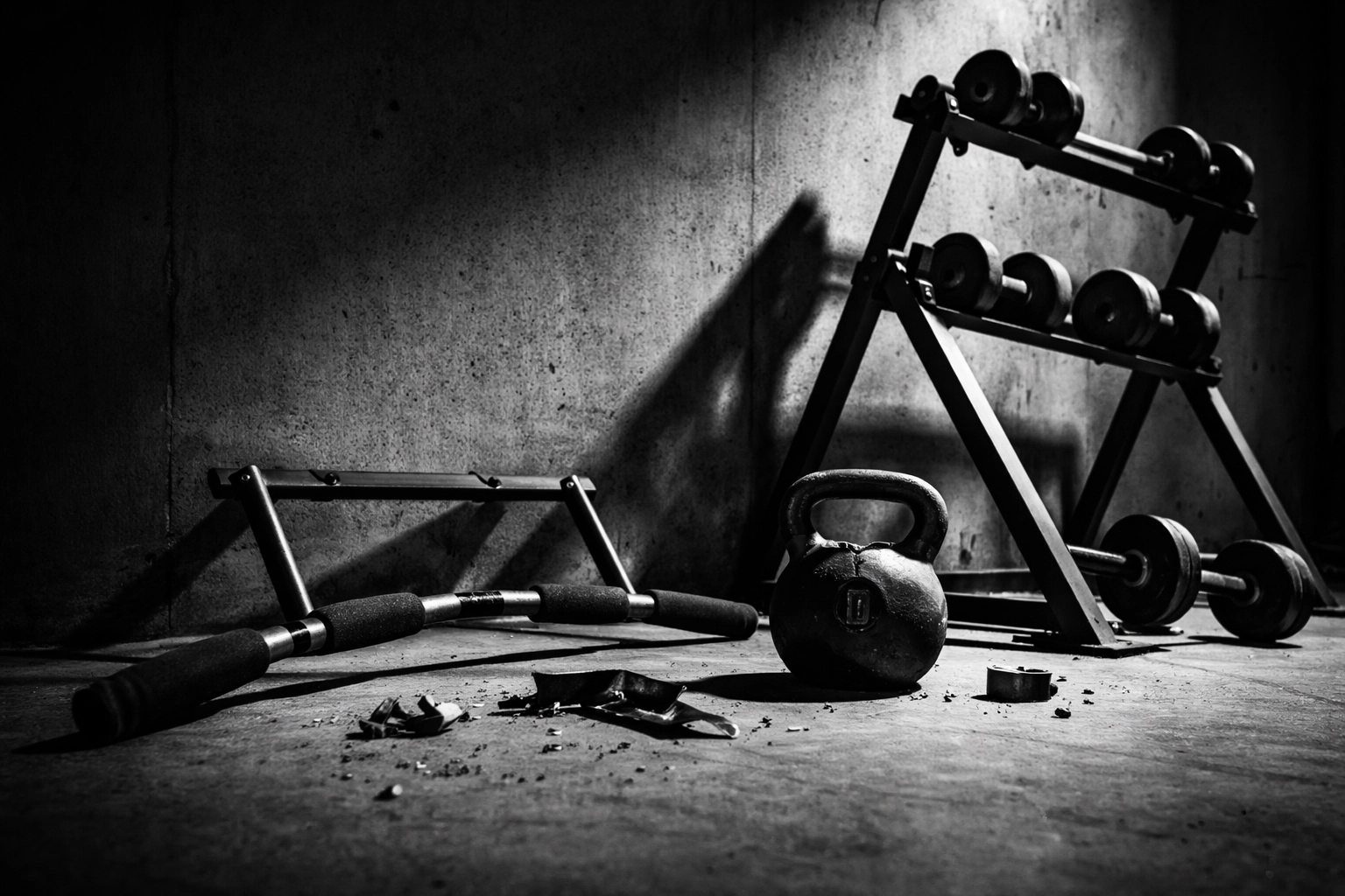 Broken home gym equipment including a bent pull-up bar and cracked kettlebell highlights quality issues