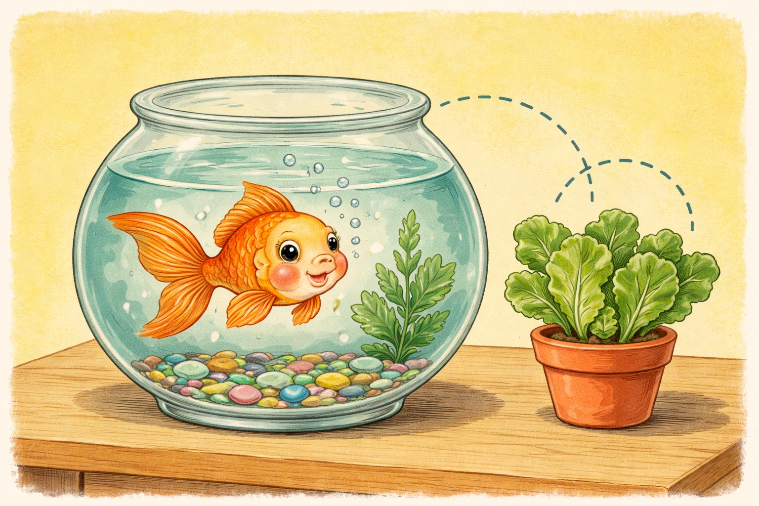 Storybook-style image of a goldfish in a bowl connected to a potted lettuce plant, demonstrating aquarium water as a hydroponic nutrient source.