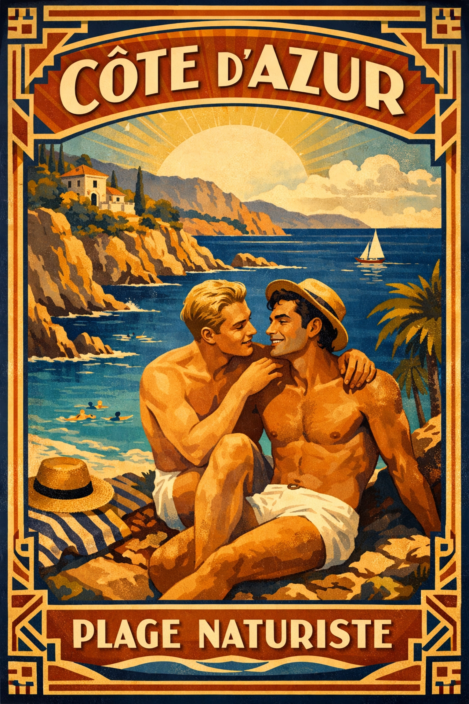 Vintage 1920s French Riviera naturist poster featuring gay couple by Mediterranean coast