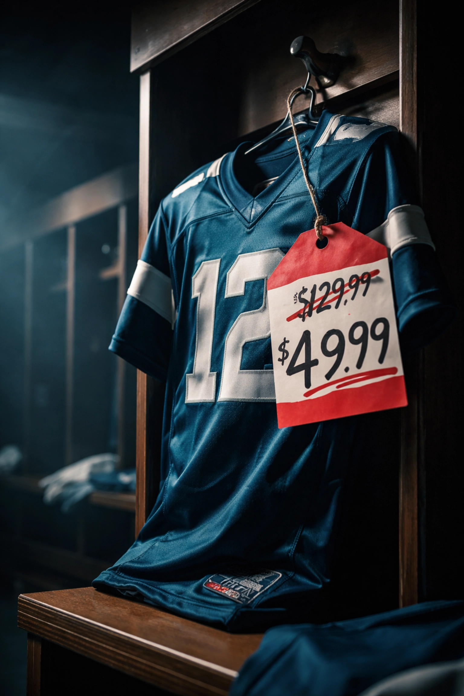 Football jersey on locker room hook with sale price tag, illustrating NIL market correction for Caleb Burton III