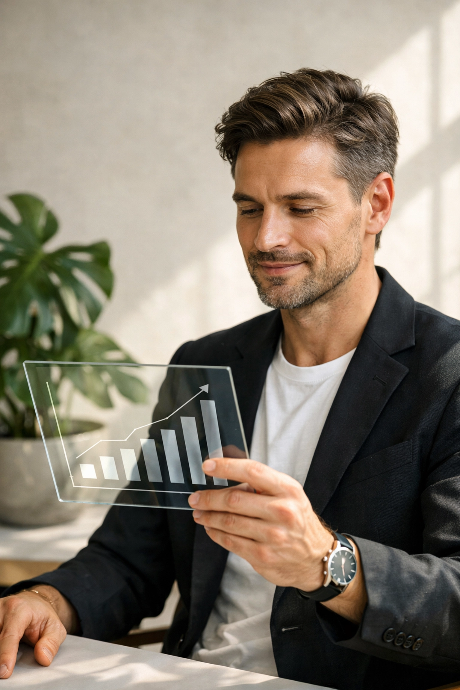 Founder reviewing financial charts on a tablet, demonstrating the transparency of professional startup accounting services.