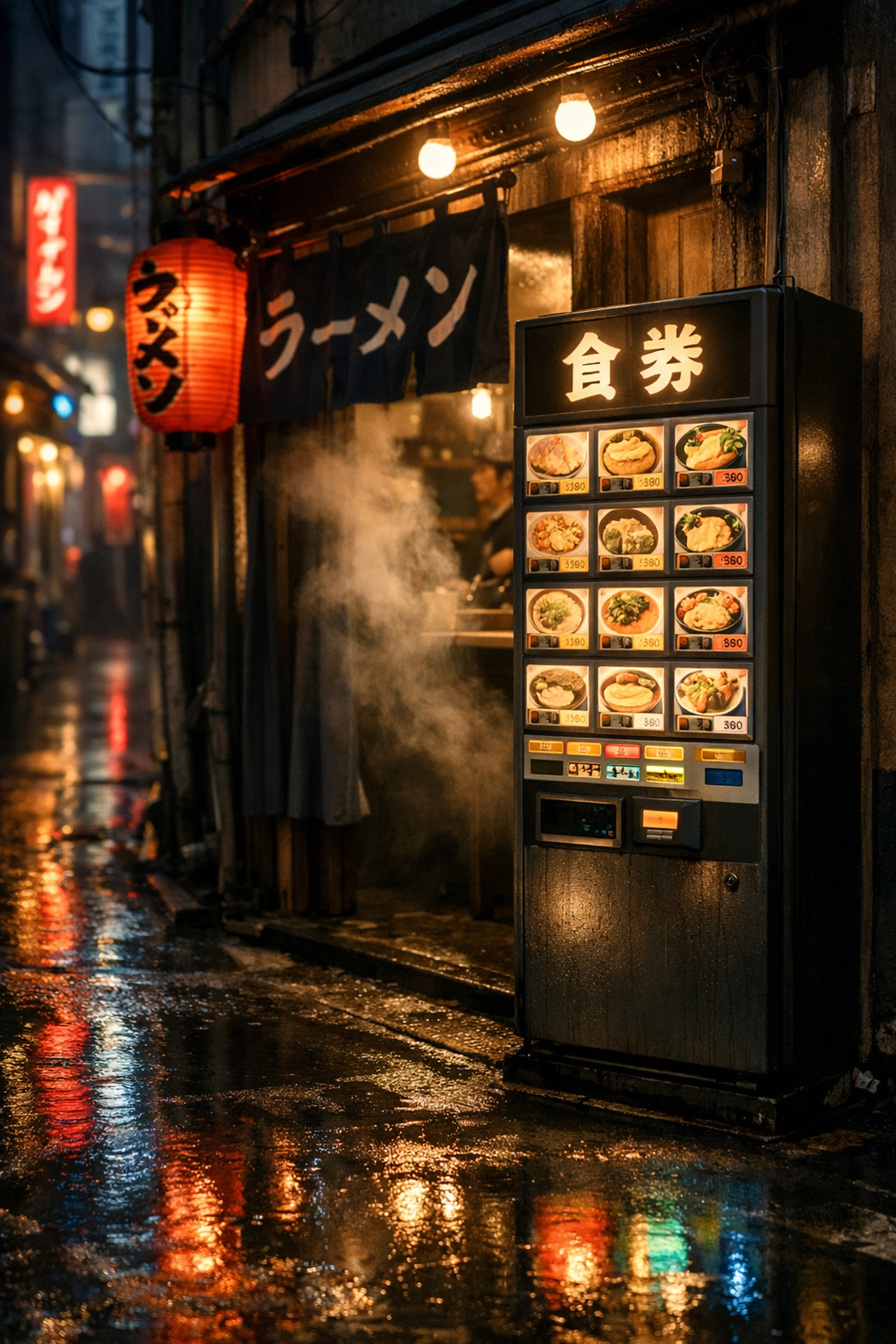 Authentic ramen shop ticket machine in a Tokyo alleyway, capturing local dining and photo spots.