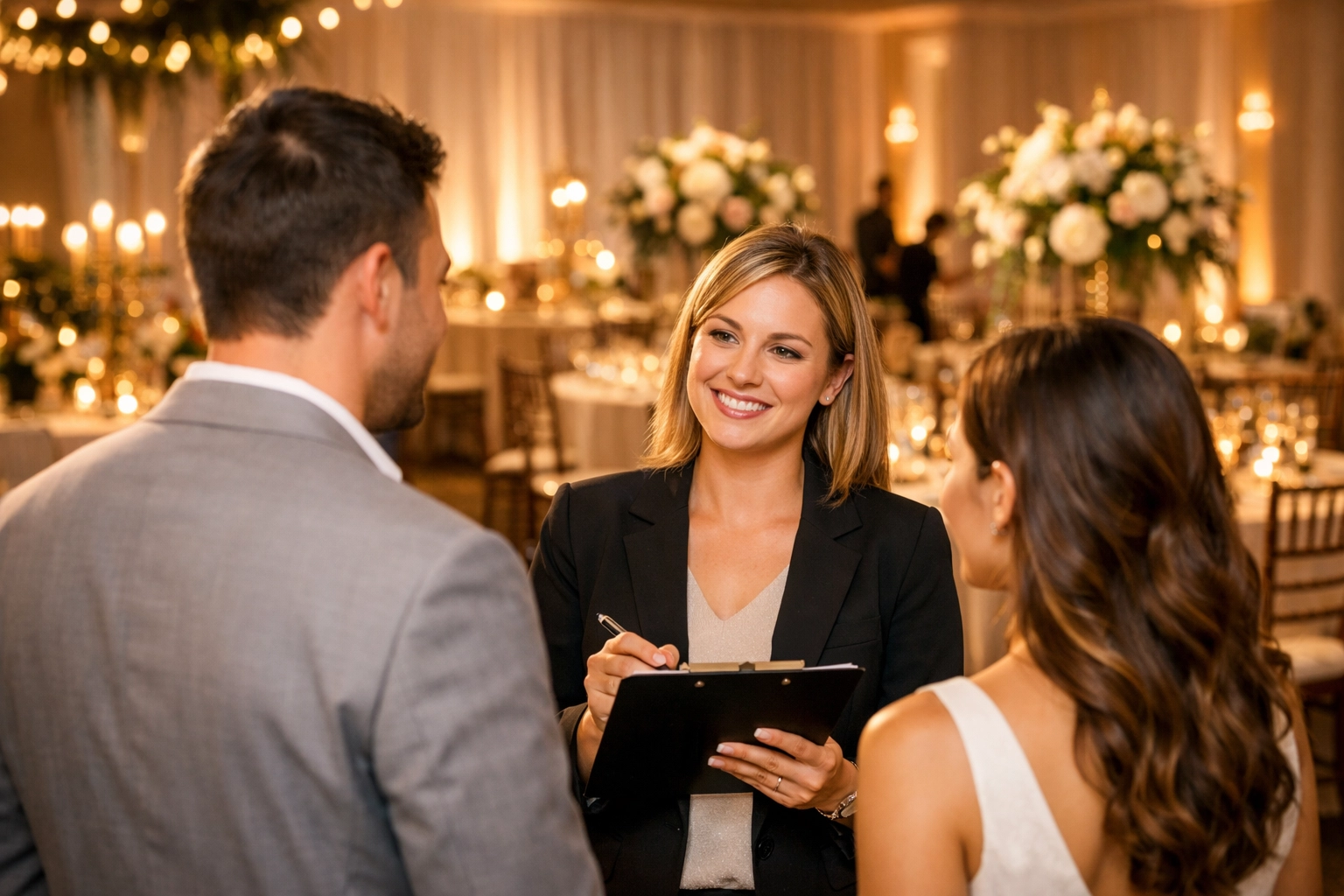 Wedding venue walkthrough with event manager and couple reviewing reception setup in Lubbock