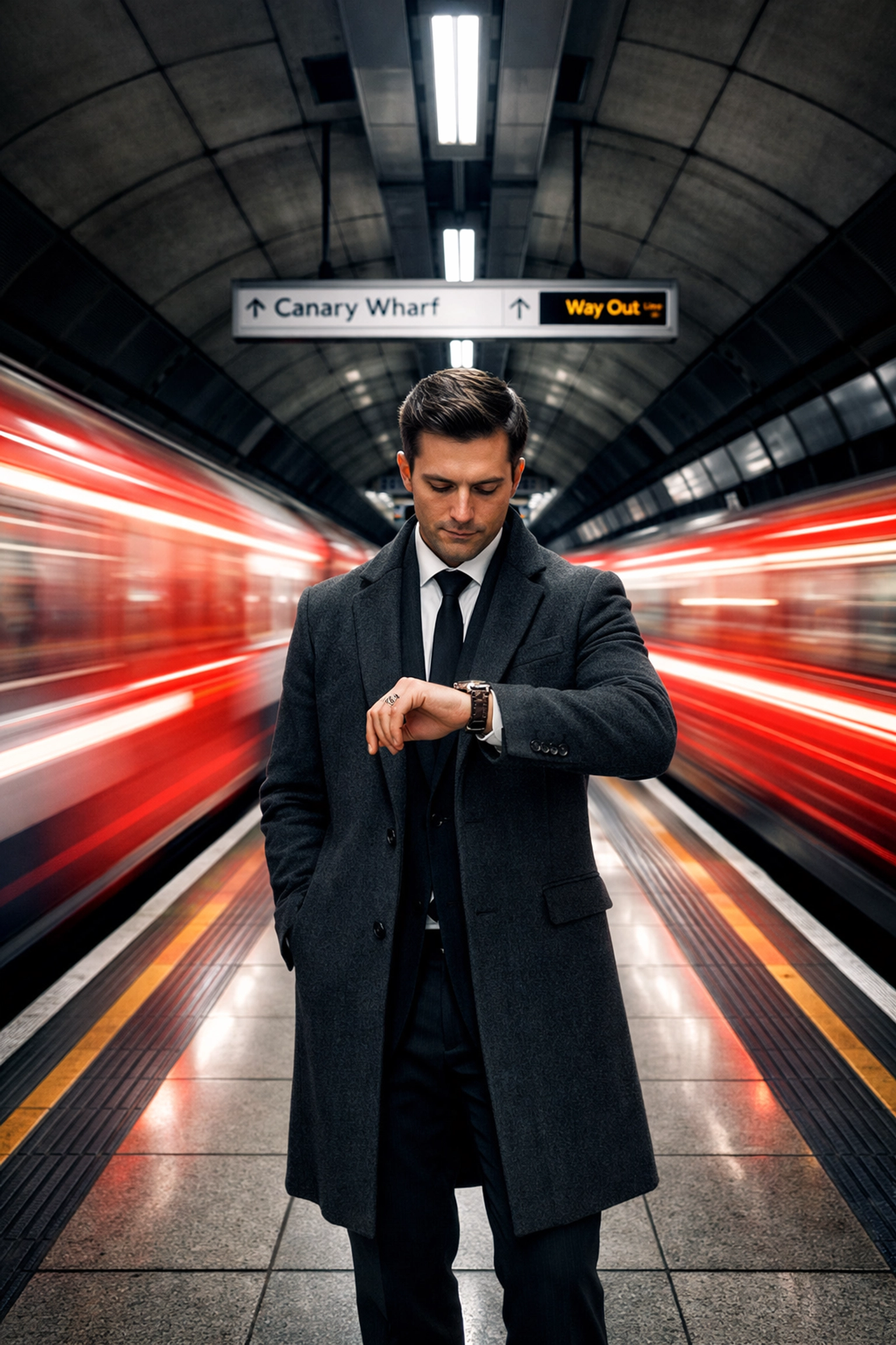 A professional checking their watch at Canary Wharf station, mastering London meeting schedules and logistics.