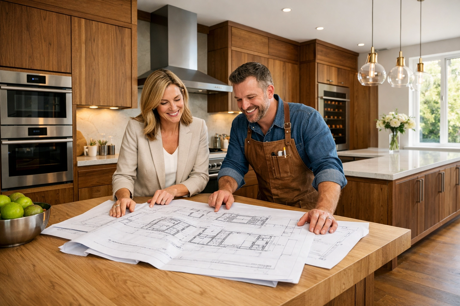 Realtor and craftsman reviewing blueprints for custom cabinets in a high-end kitchen remodel.