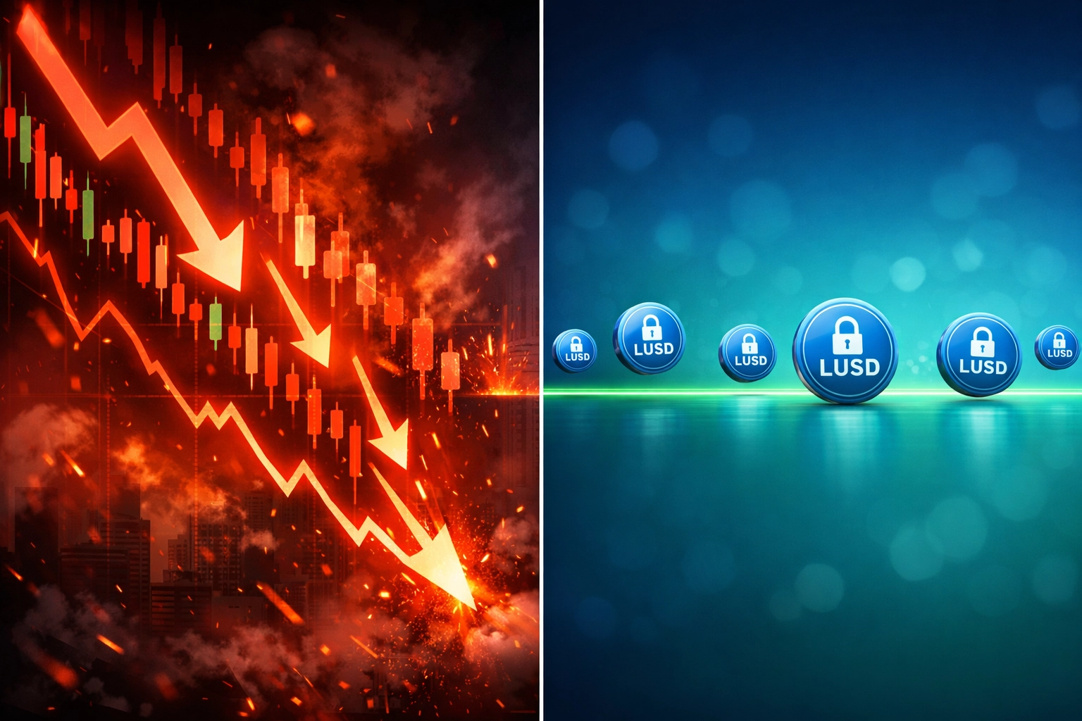 Volatile crypto price chart versus stable LUSD stablecoin for crypto payment protection