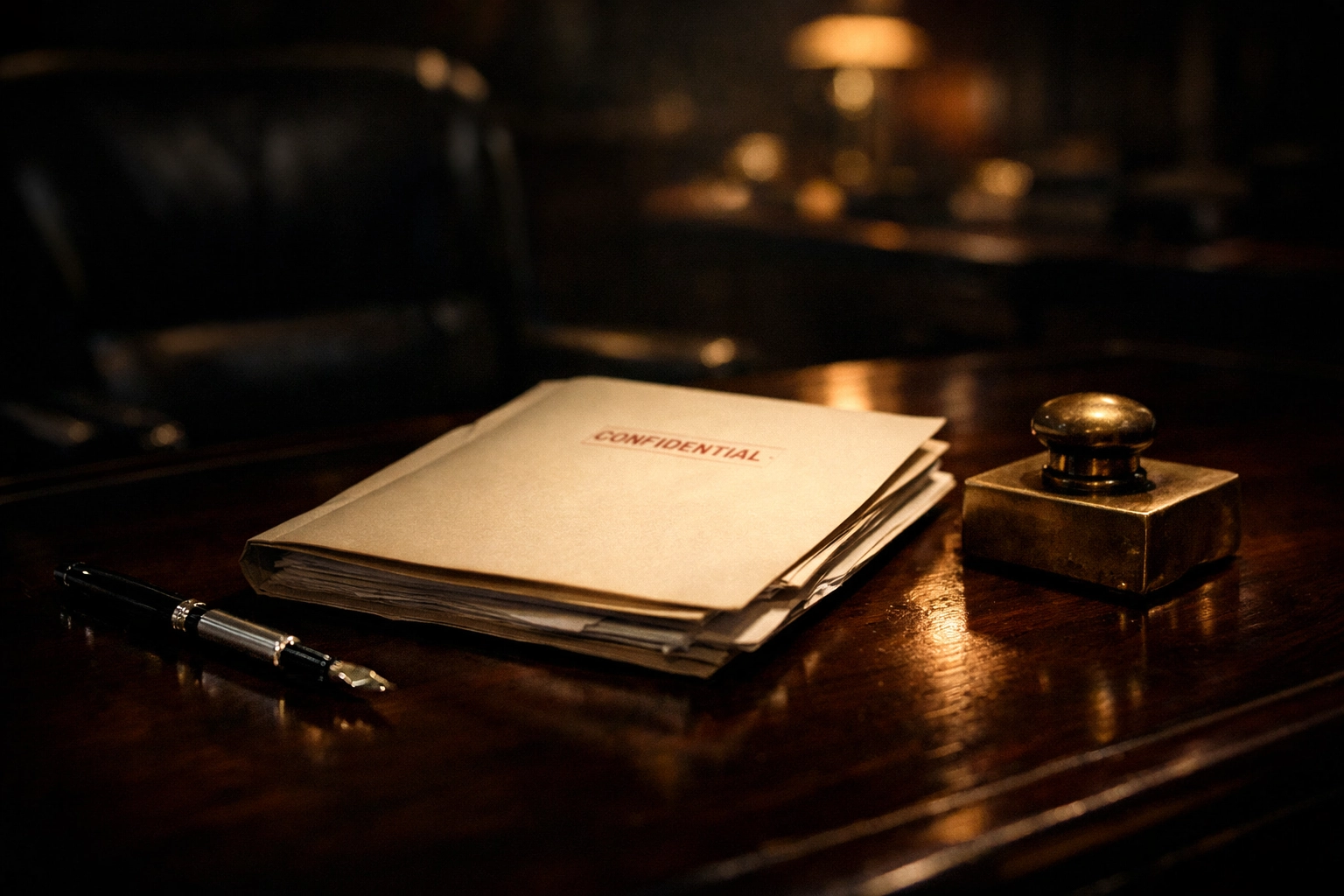 Confidential legal folder on a desk signifying a business broker's non-disclosure agreement.