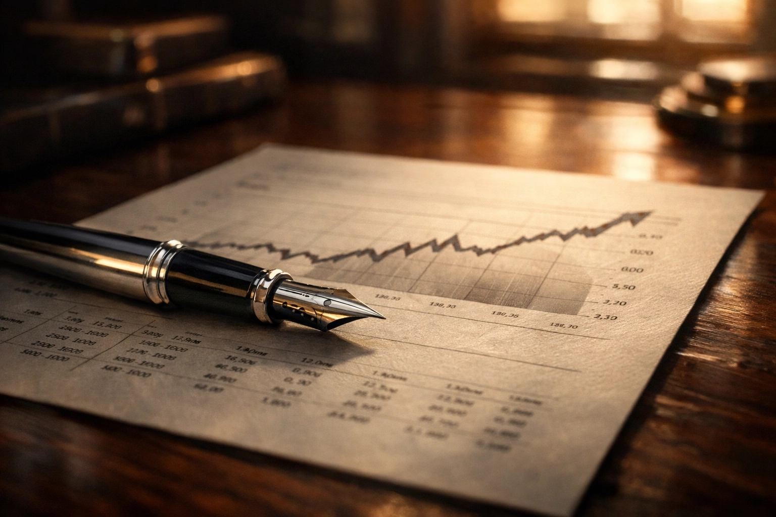 Silver pen on a financial report showing positive revenue growth and business valuation trends.