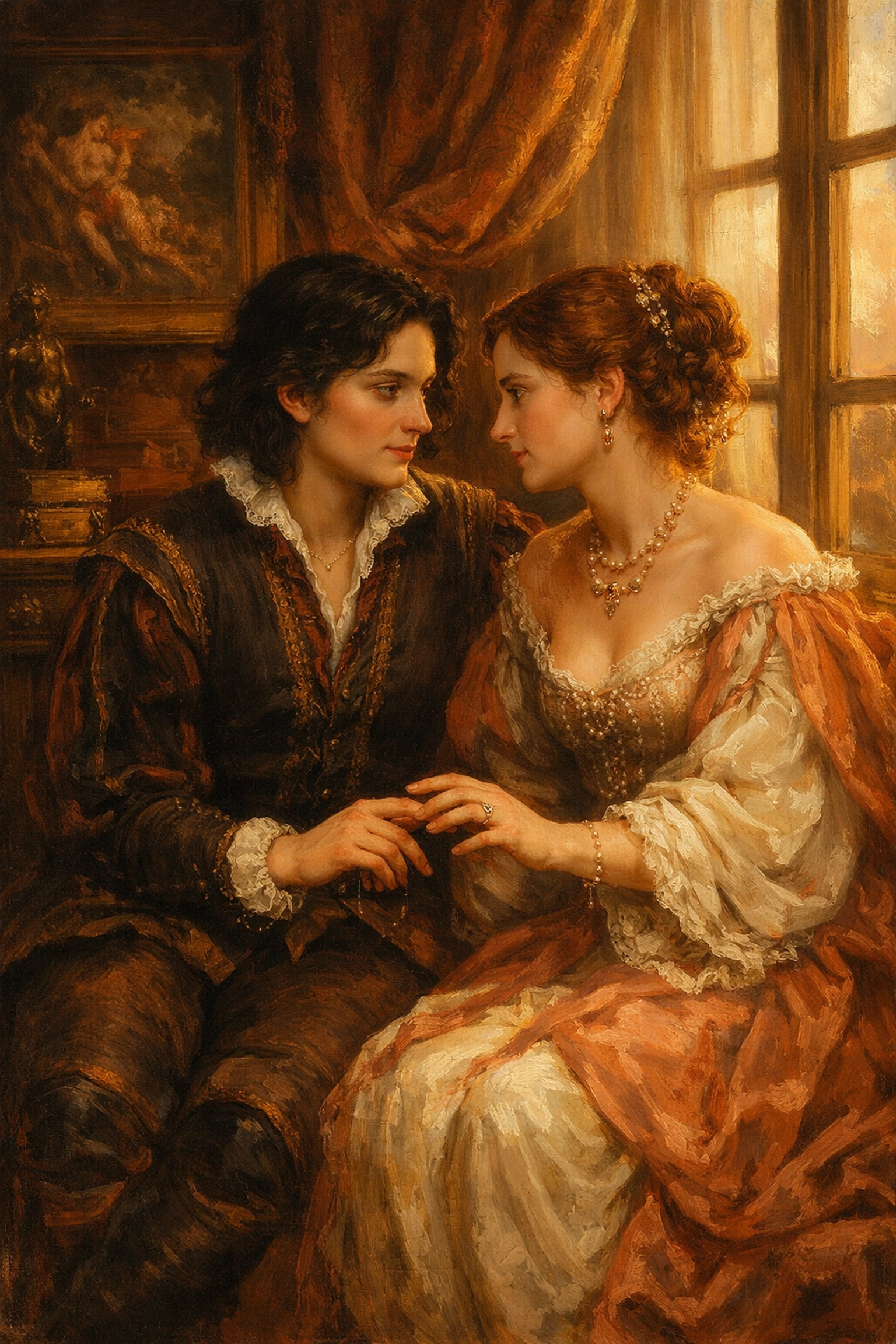 Queen Christina and lady-in-waiting in intimate moment depicting 17th century queer relationships