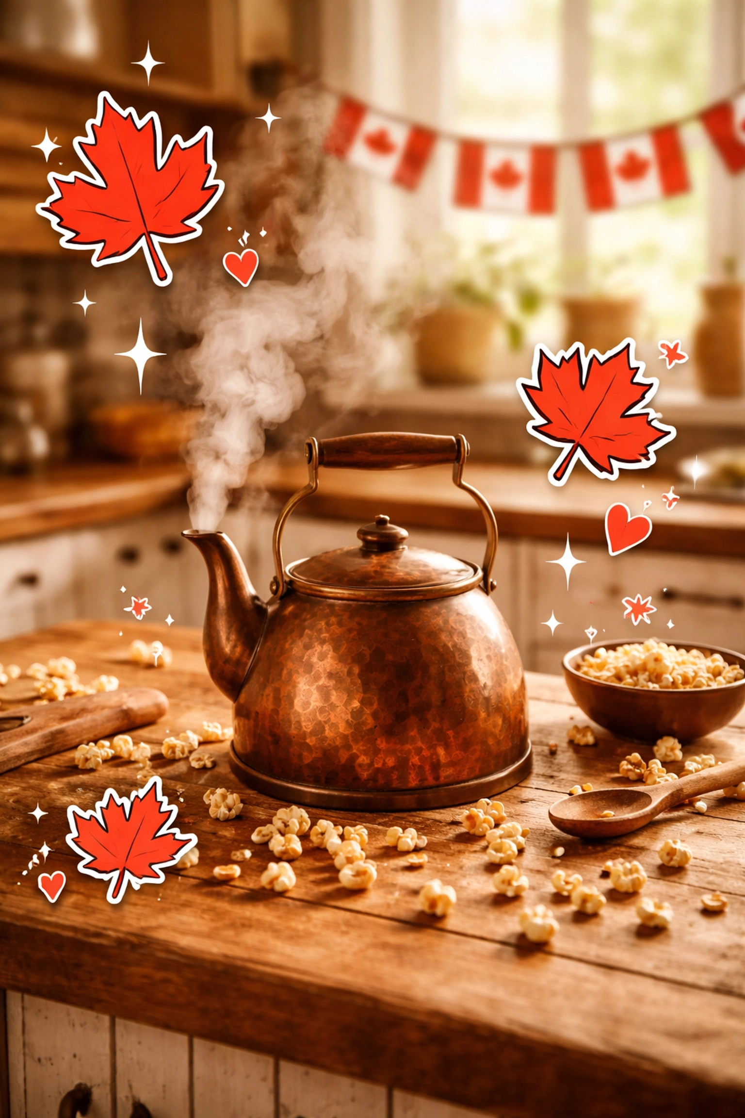 Cozy Canadian kitchen scene with hand-crafted mushroom popcorn, copper kettle, and maple leaves, celebrating Munchies' Canadian roots and quality