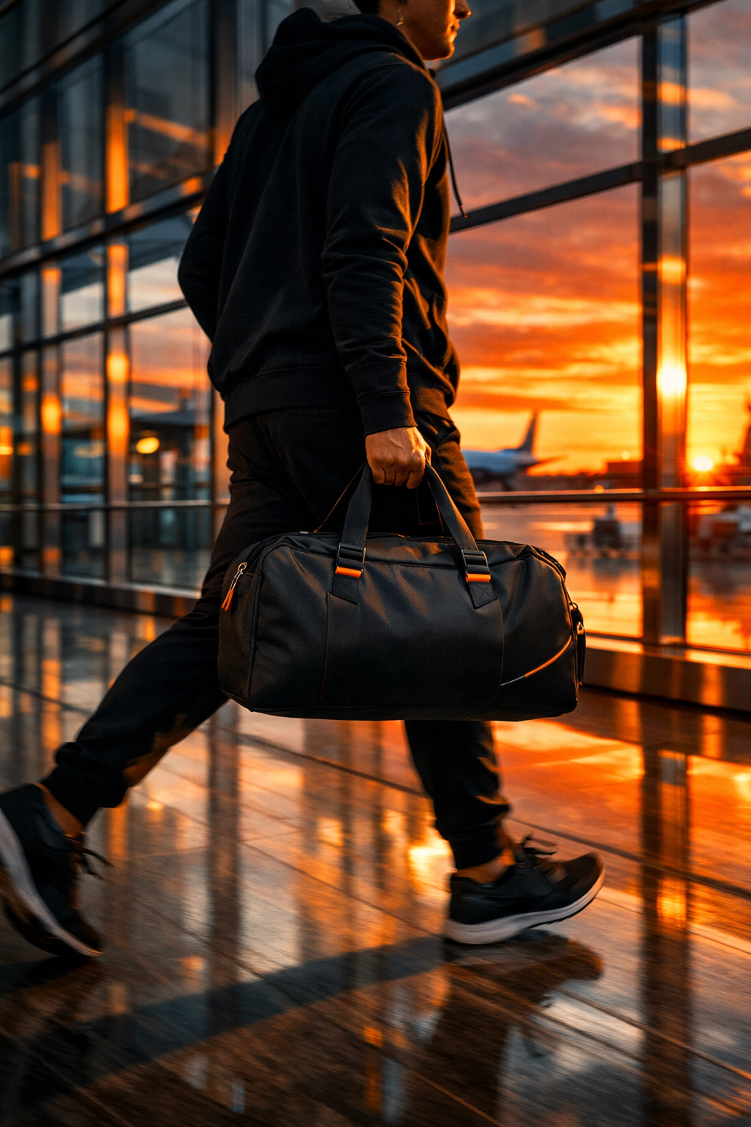 Alt Text: A runner-traveler in black athleisure with a carry-on walks through a bright, modern airport terminal—easy layers and comfy shoes for marathon weekend recovery and a longevity running routine.