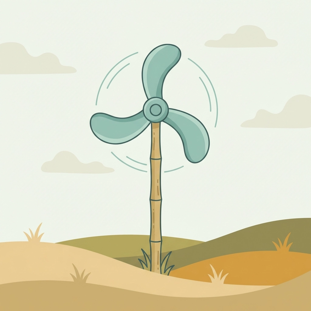 Illustration of a finished mini windmill with three curved blades spinning on a bamboo pole outdoors