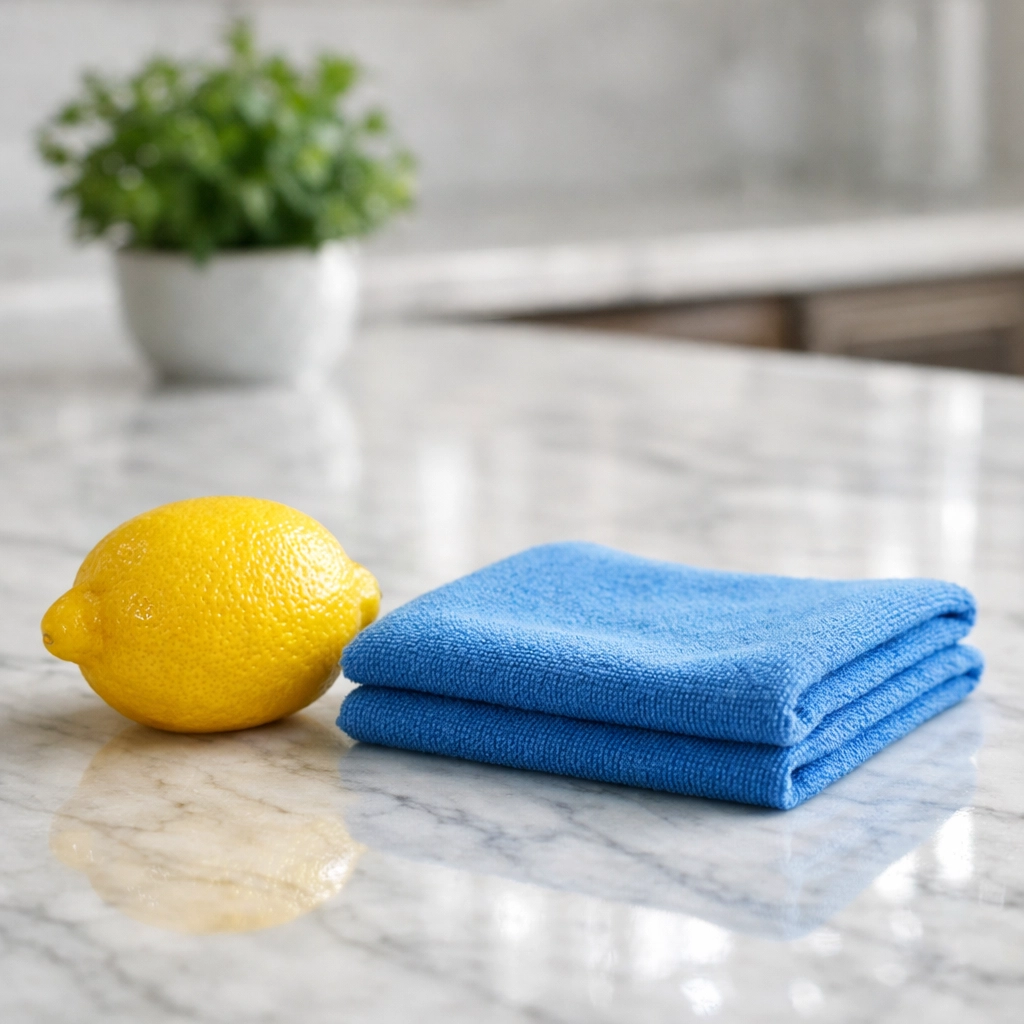 Eco-friendly deep cleaning in Dedham MA showing a sparkling marble kitchen island and natural supplies.