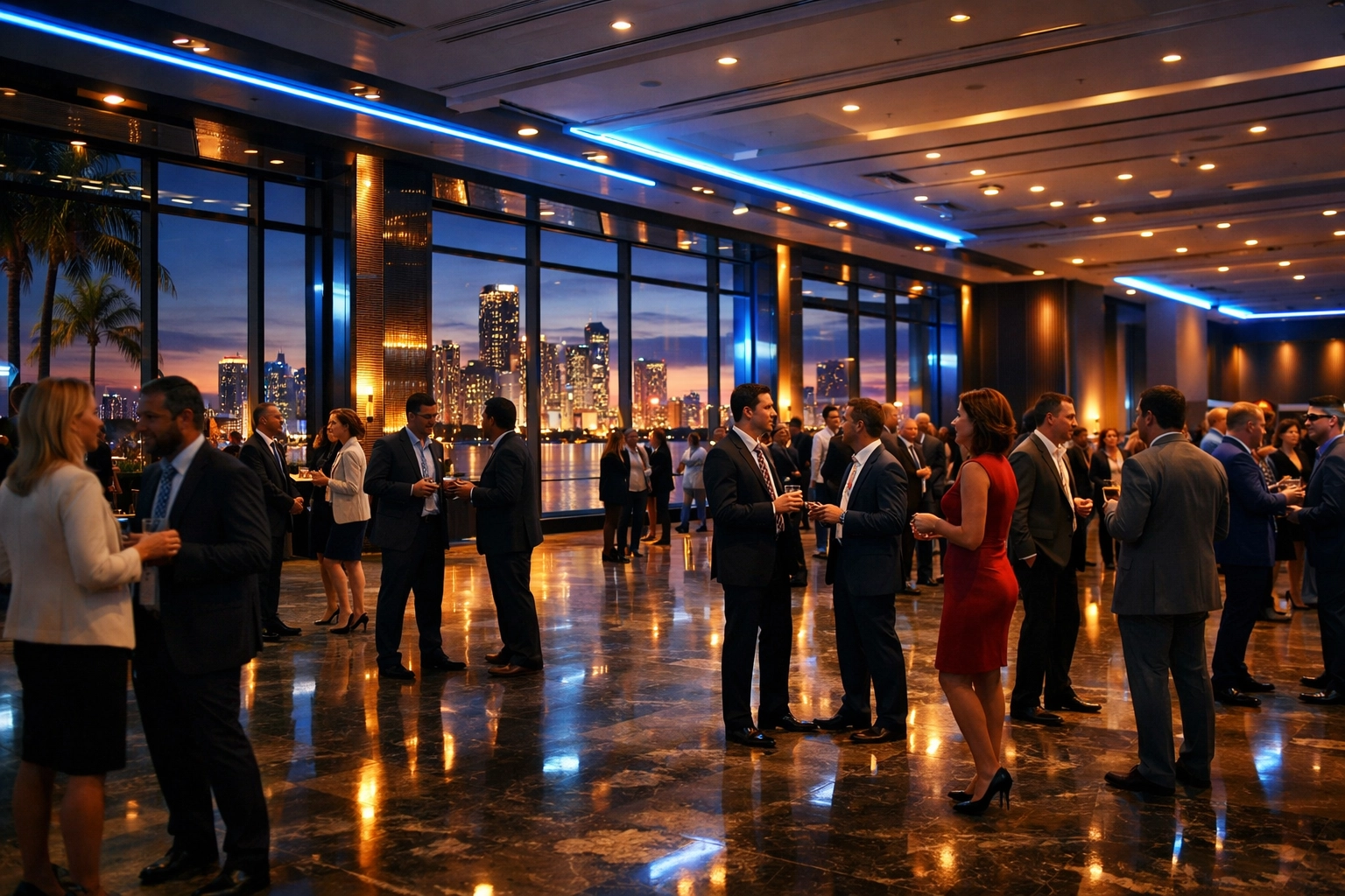 A professional corporate event in a luxury Miami ballroom with high-tech lighting and skyline views.