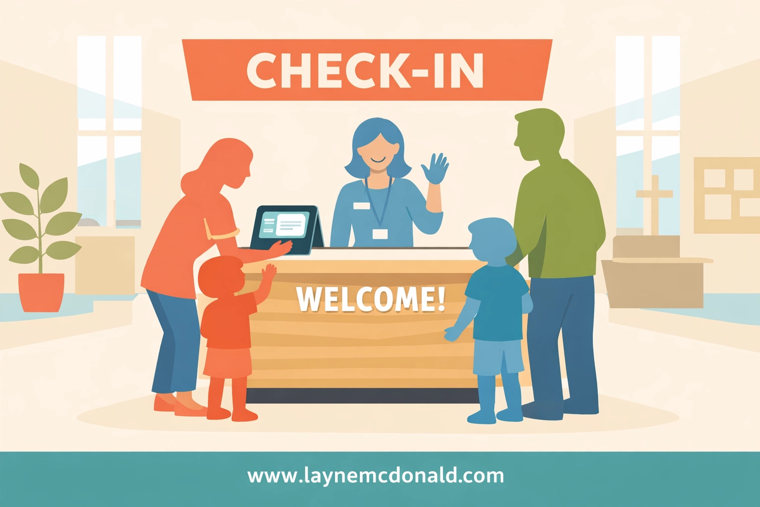 Church children's ministry check-in area with parents and volunteer ensuring child safety