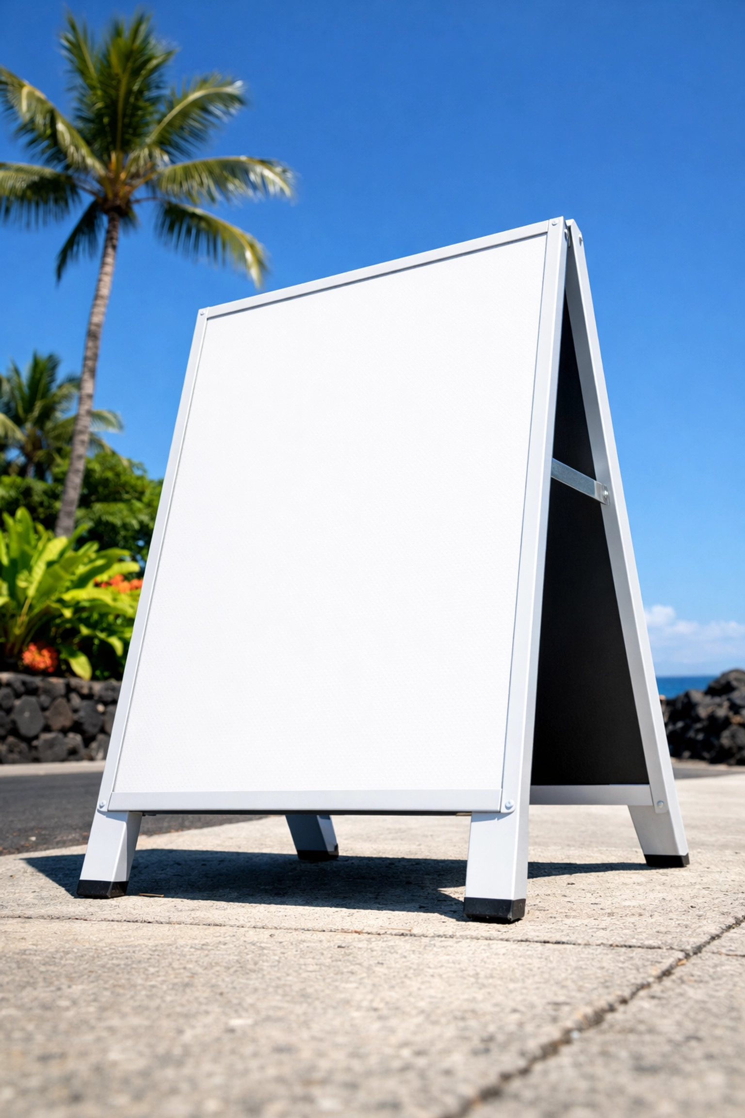 Professional A-frame sign used as a temporary custom sign for a Kona business during storm repairs.