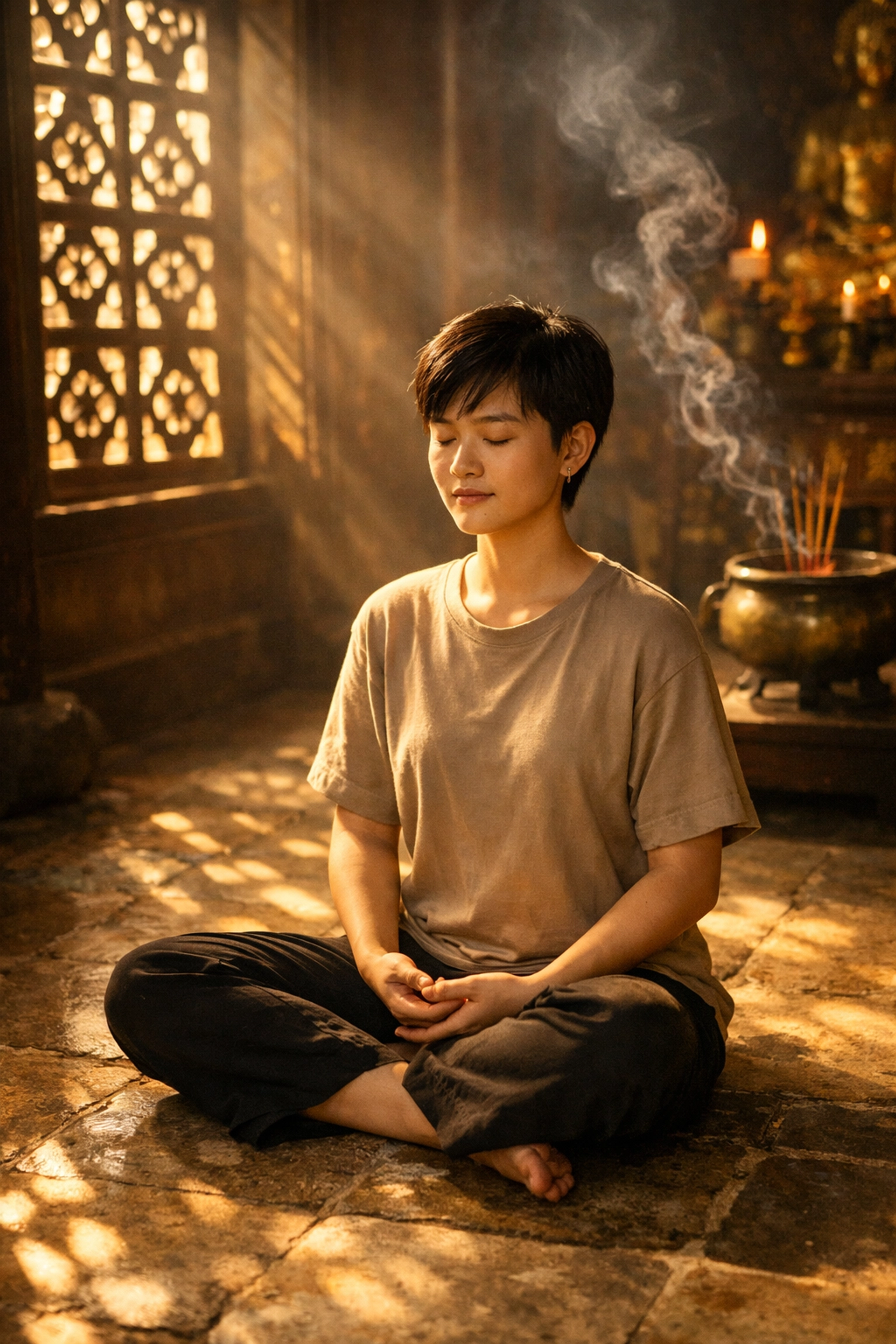 Queer Vietnamese person meditating in traditional Buddhist temple with peaceful atmosphere