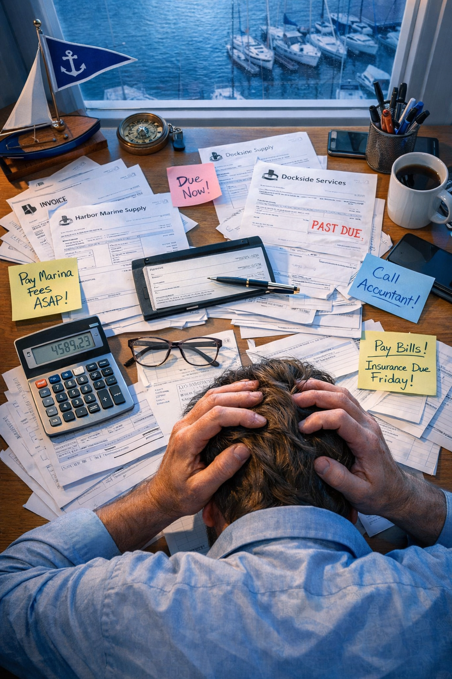 Cluttered yacht club desk with manual invoices and paperwork showing inefficient billing process