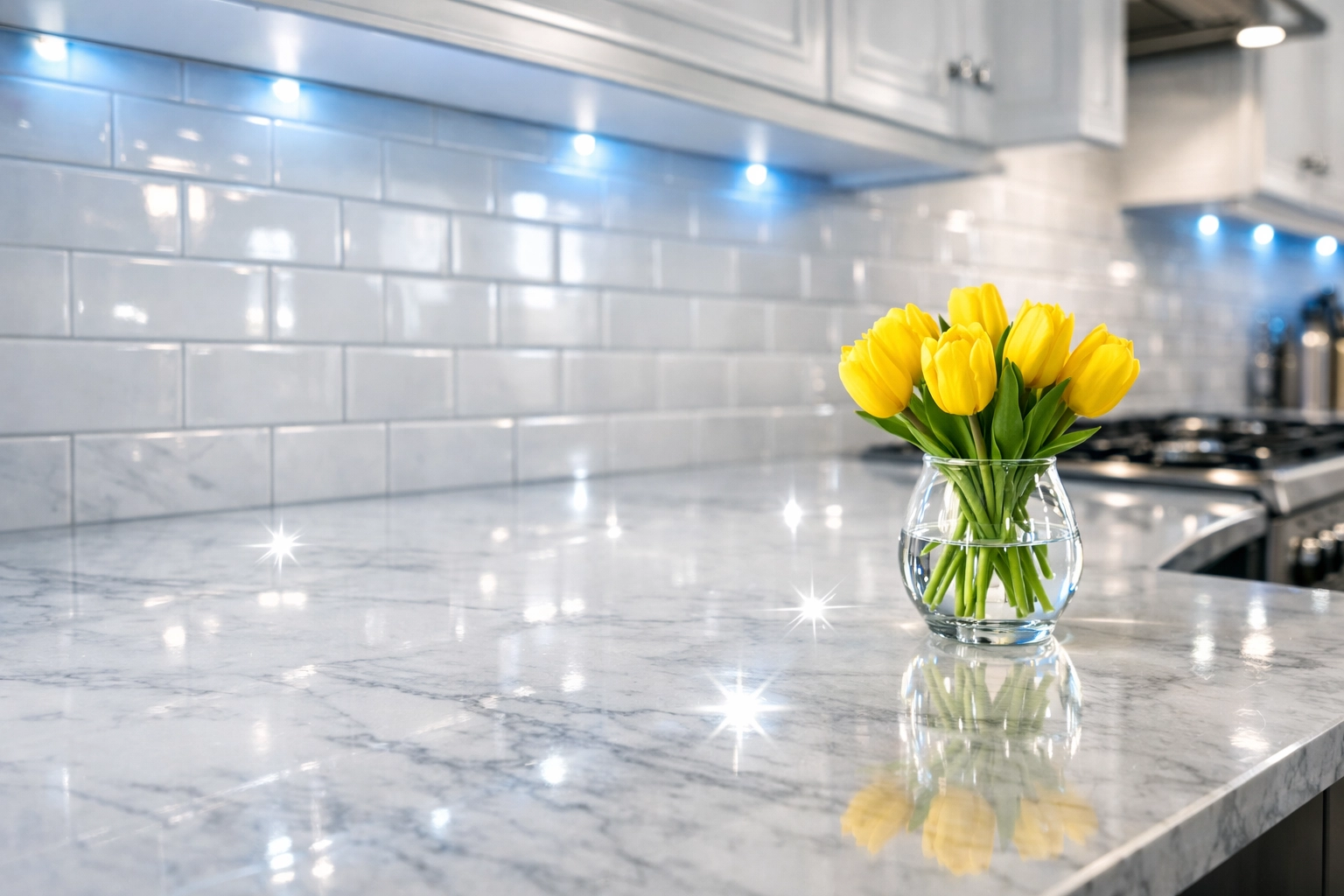 Sparkling clean kitchen countertops in a Leominster home after a professional deep cleaning service.