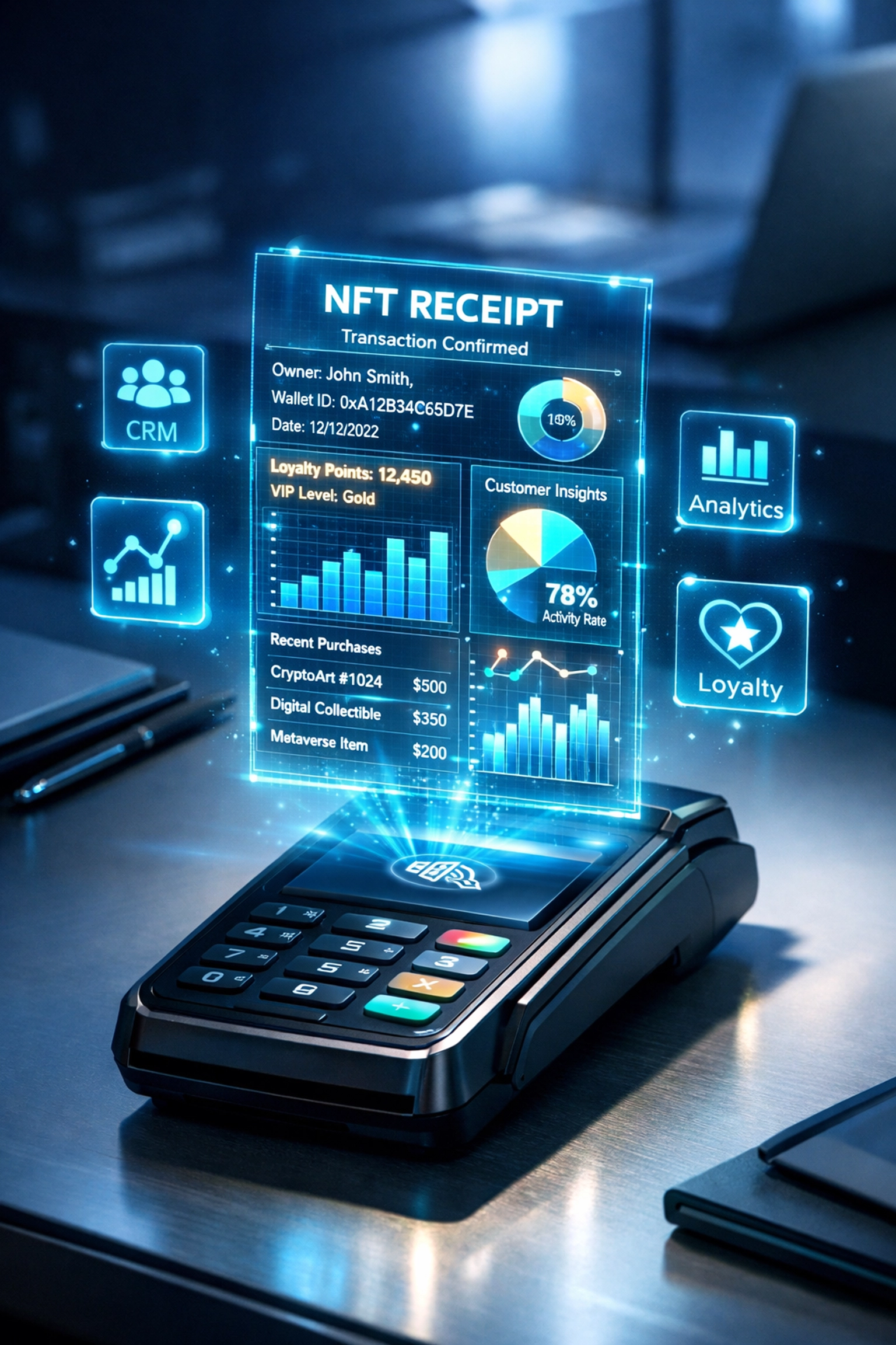 NFT receipt with payment analytics and customer loyalty data on payment terminal