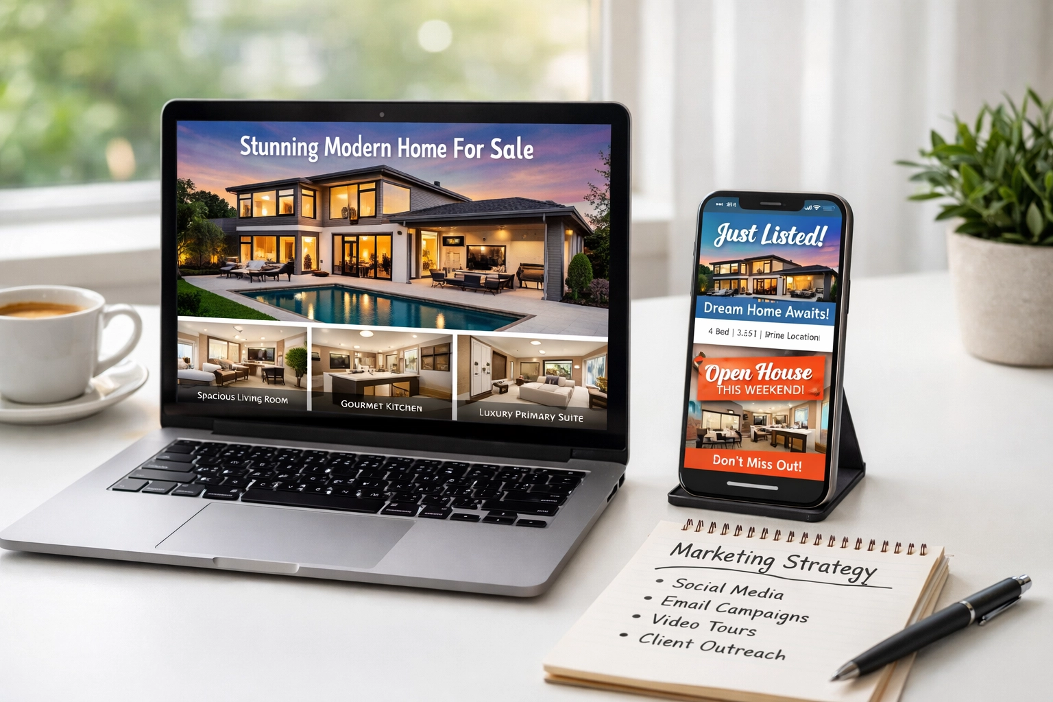 Digital marketing strategy for NC home listings on laptop and smartphone