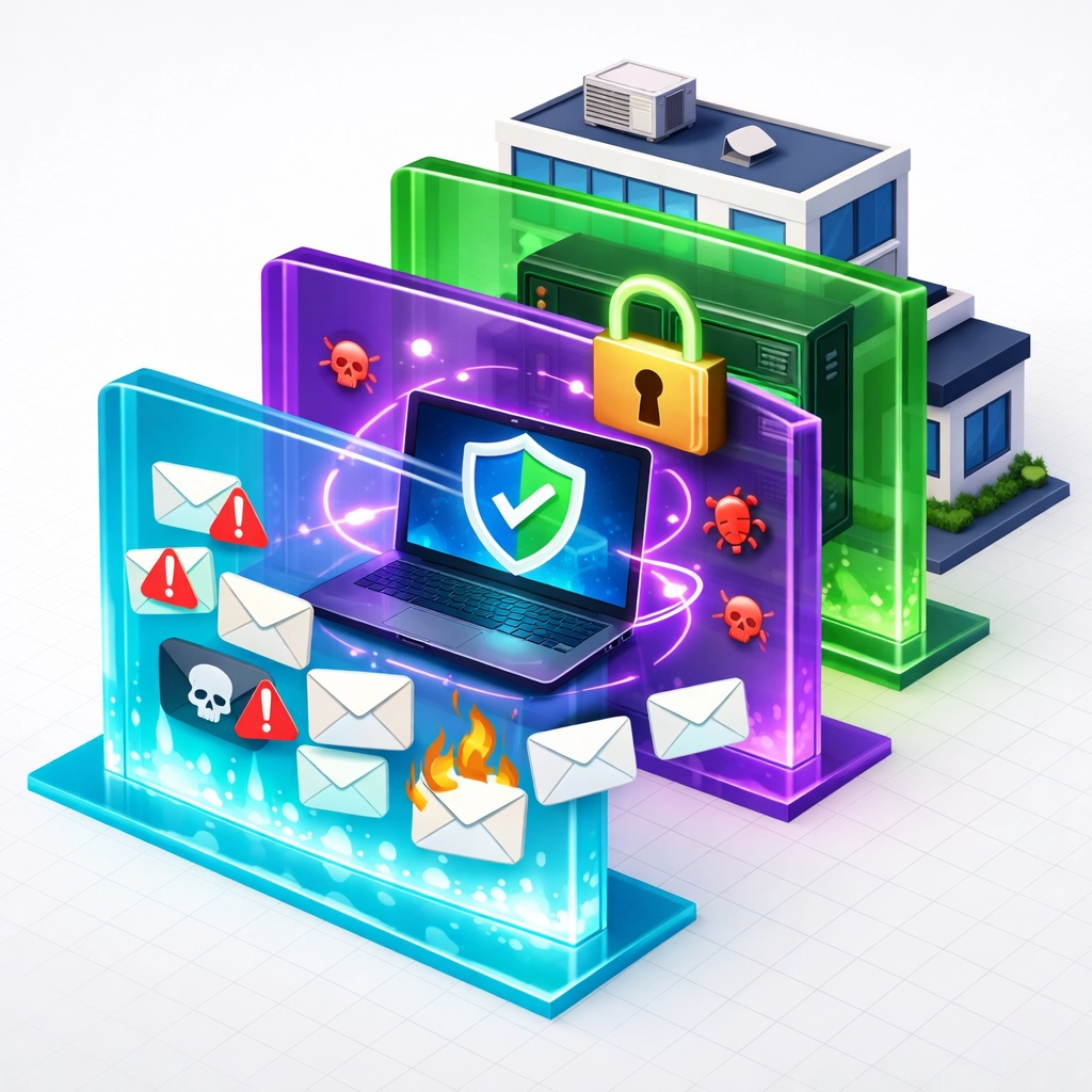 Three-layer cybersecurity defense system protecting small business from threats