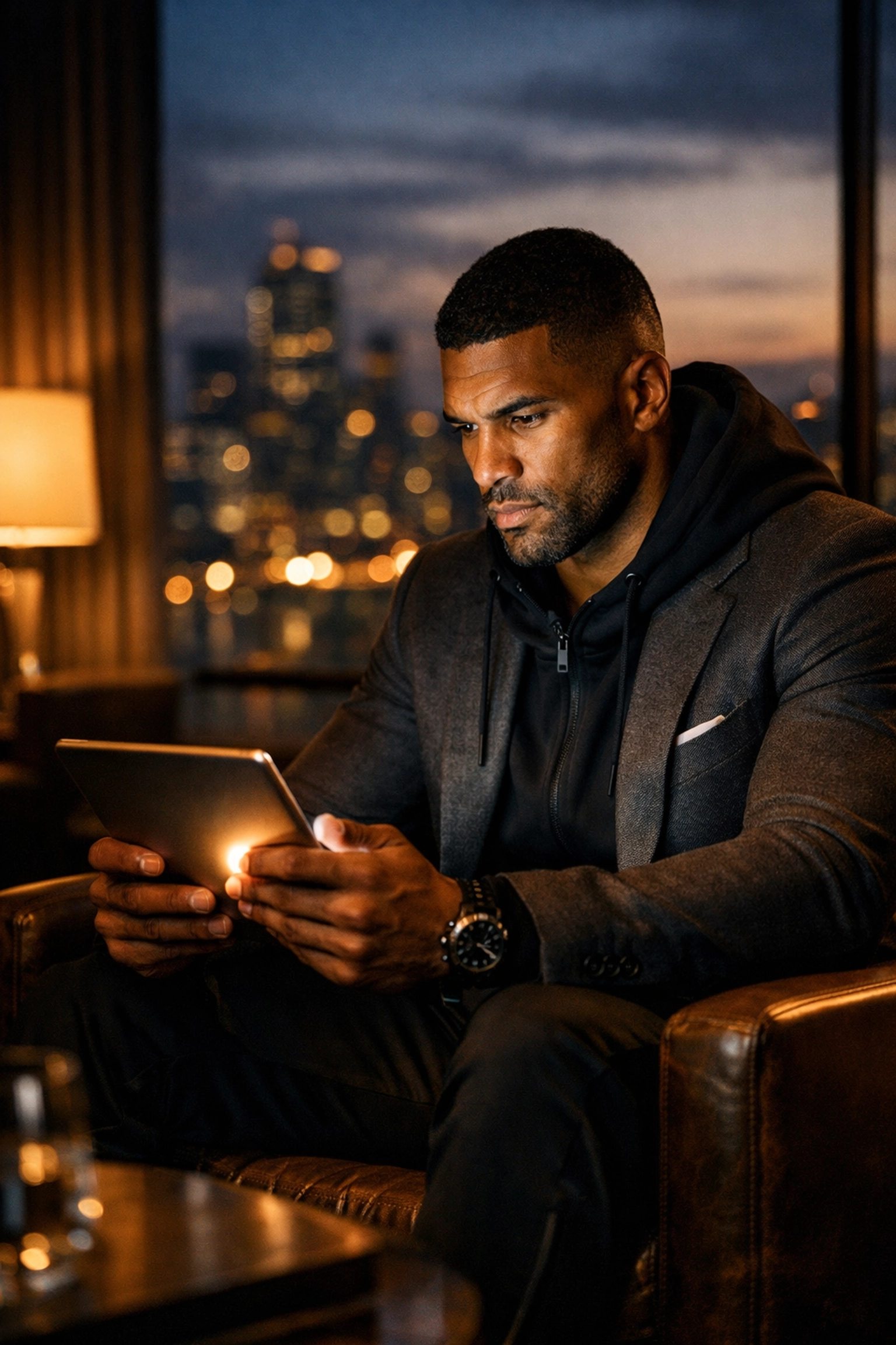 Professional athlete reviewing marketing analytics on a tablet, bridging elite sports and digital business.