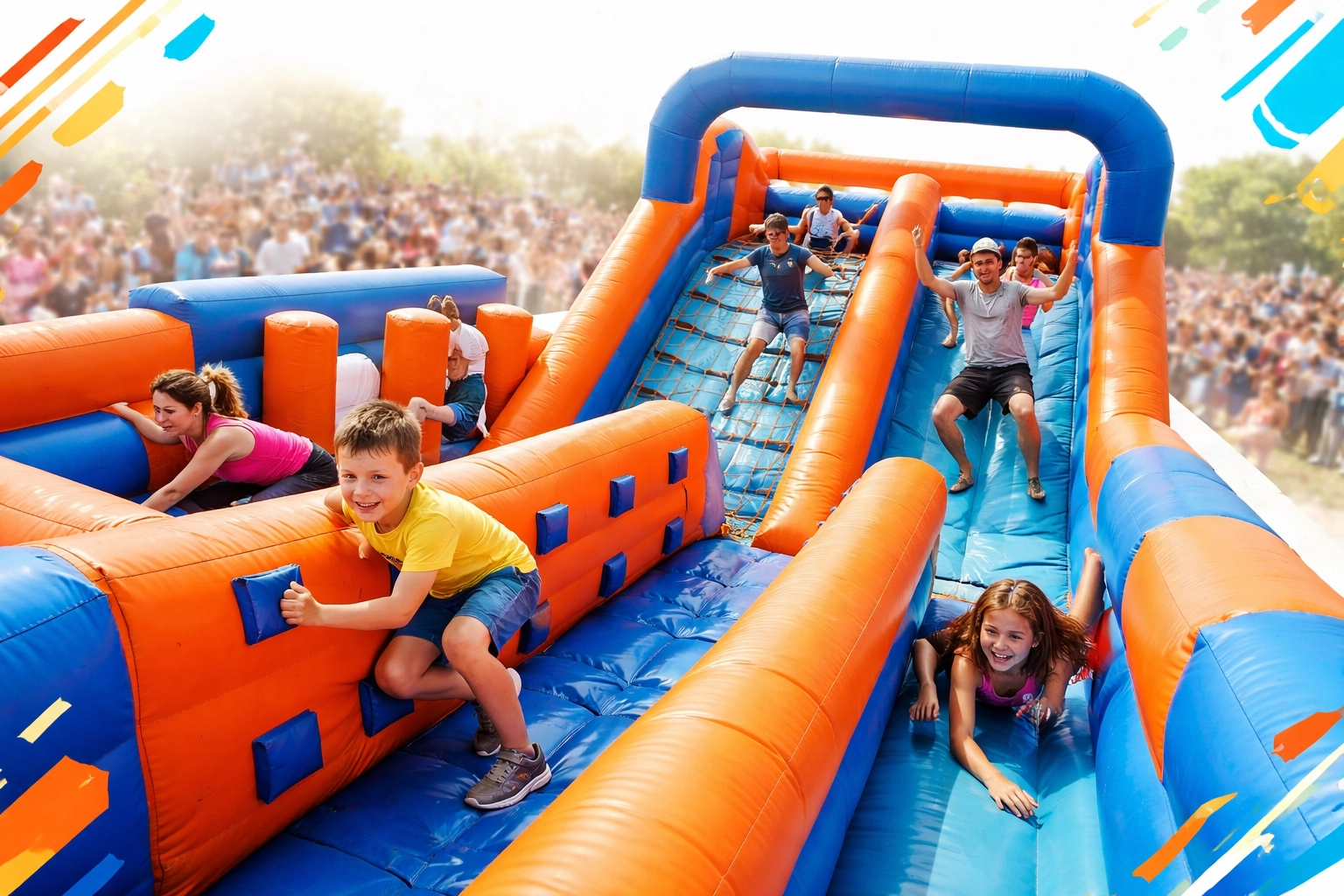 Inflatable obstacle course with kids participating at a lively community event, ideal for engaging festival entertainment